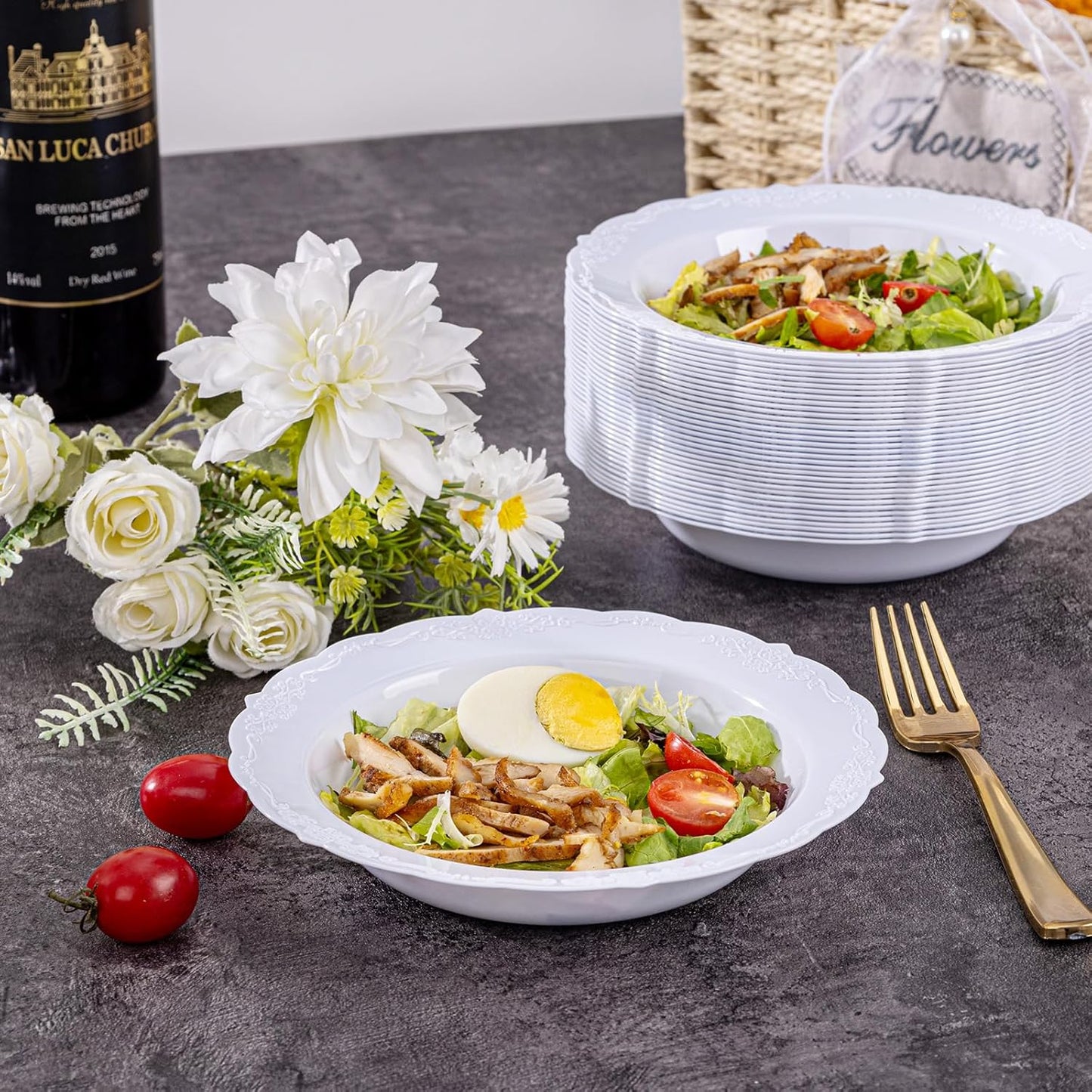 DaYammi 50 Pack Plastic Bowls, 12oz Disposable Soup Bowls, Heavy Duty Dinner Bowls for Weddings, Parties, Dinners, Catering and Everyday Use