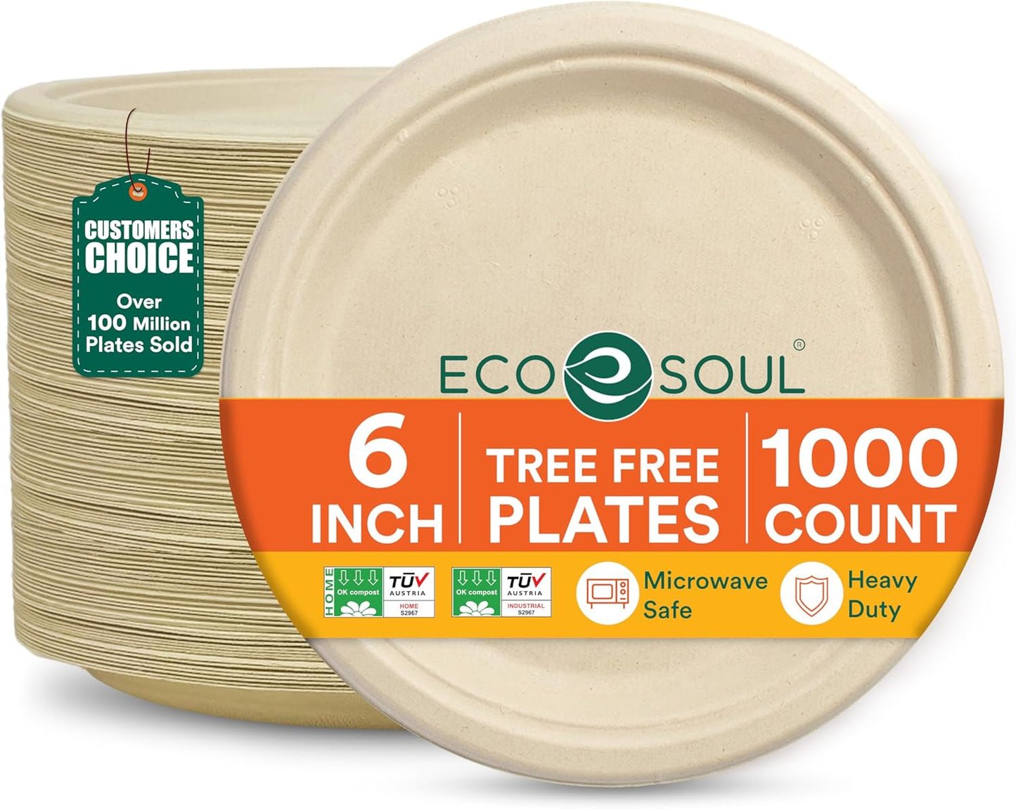 ECO SOUL Compostable Paper Plates 6 Inch (1000 Count) Heavy Duty Disposable Dessert Plates, Eco-Friendly Sugarcane Bagasse Small Plates For Appetizer- Natural Brown