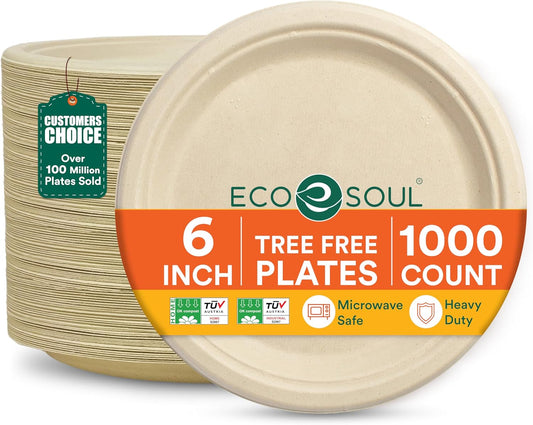 ECO SOUL Compostable Paper Plates 6 Inch (1000 Count) Heavy Duty Disposable Dessert Plates, Eco-Friendly Sugarcane Bagasse Small Plates For Appetizer- Natural Brown