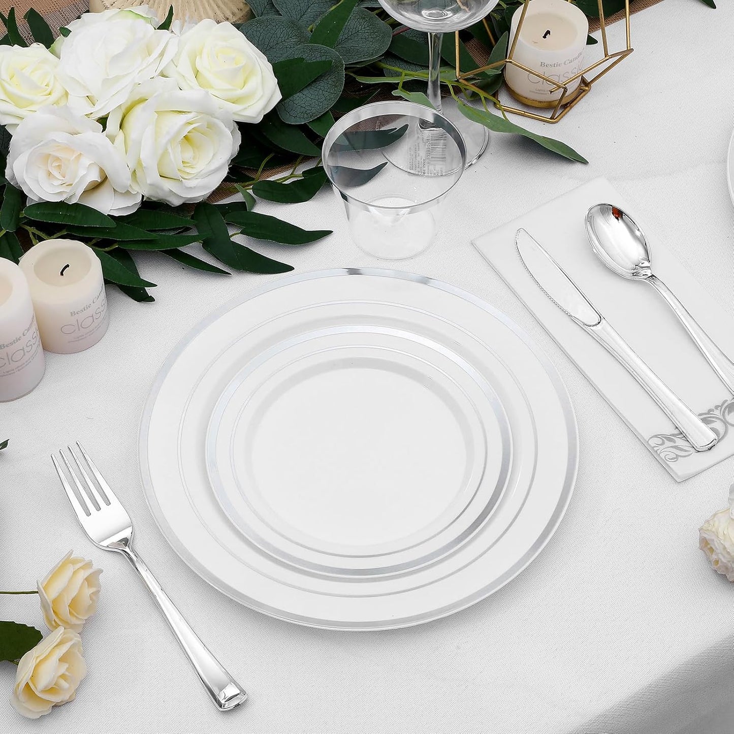 350-Piece Silver Rim Plastic Dinnerware Set for 50 Guests, Elegant Disposable Dinnerware for Party, Wedding. Includes Dinner Plates, Dessert Plates, Silverware, Napkins, Cups