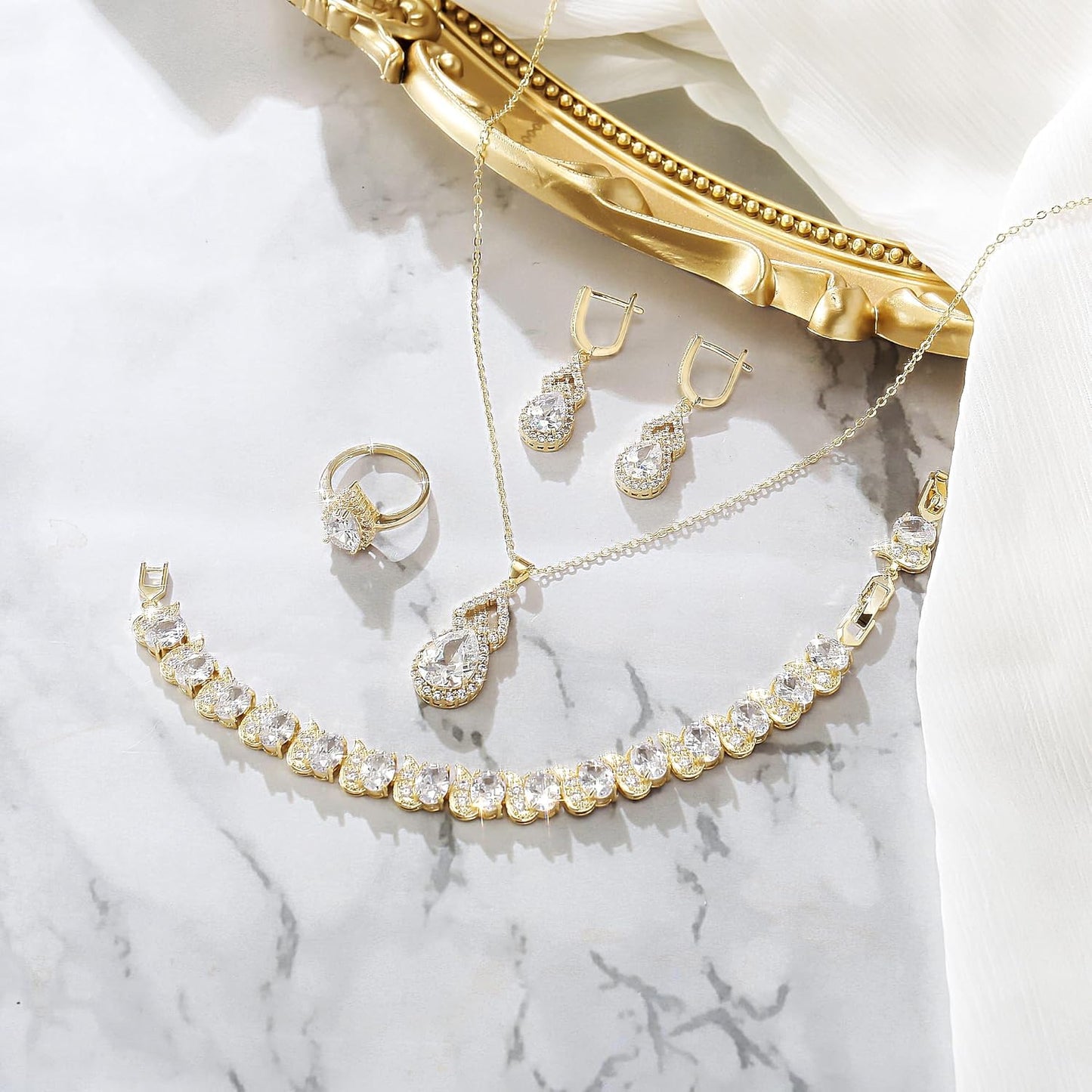 BriLove Wedding Jewelry Set for Women Bride Bridesmaid, Gorgeous Cubic Zirconia Teardrop Necklace Earrings Bracelet Adjustable Ring Jewelry Gift for Birthday/Anniversary/Mother’s Day