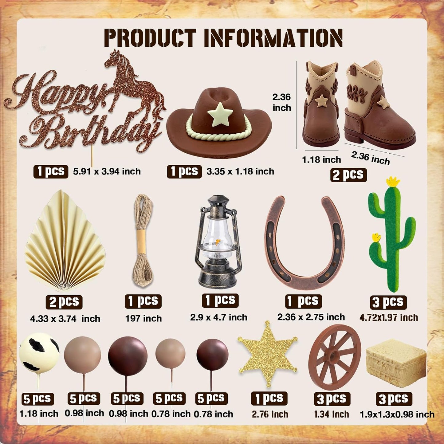 44pcs Cowboy Cake Topper Western Hat and Boot Cupcake Toppers with Balls Cactus and Horseshoe Decorations for Cowboy Theme Birthday Party Baby Shower Supplies