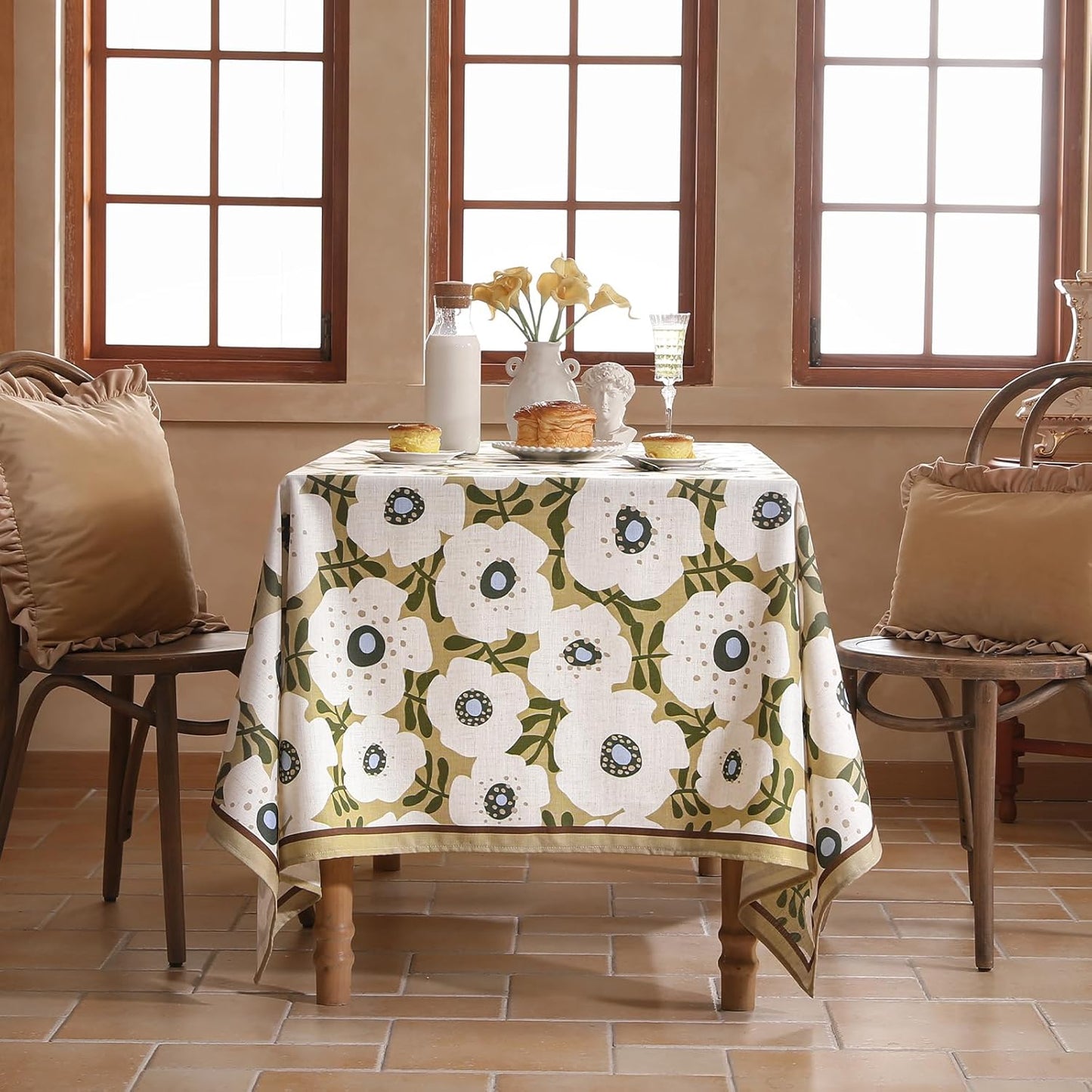 Designer Vintage Rectangular Tablecloth,Linen French Tablecloth with White Floral Pattern,Decorative Table Cover for Kitchen,Dining,Thanksgiving,Christmas,Tea Party,55"*87"-Hidaka