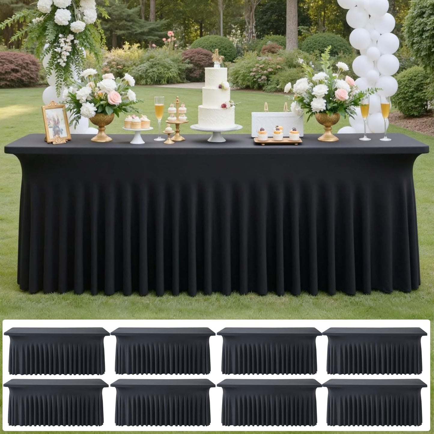 8 pk Black Spandex Tablecloth 6ft with Ruffled Skirt,Wrinkle Free High Stretch Fitted Tablecloths for 6 Foot Rectangle Tables,Pleated Elastic Spandex Table Covers 6ft for Parties Wedding Banquet