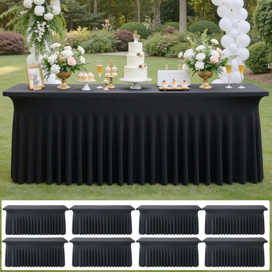 8 pk Black Spandex Tablecloth 6ft with Ruffled Skirt,Wrinkle Free High Stretch Fitted Tablecloths for 6 Foot Rectangle Tables,Pleated Elastic Spandex Table Covers 6ft for Parties Wedding Banquet