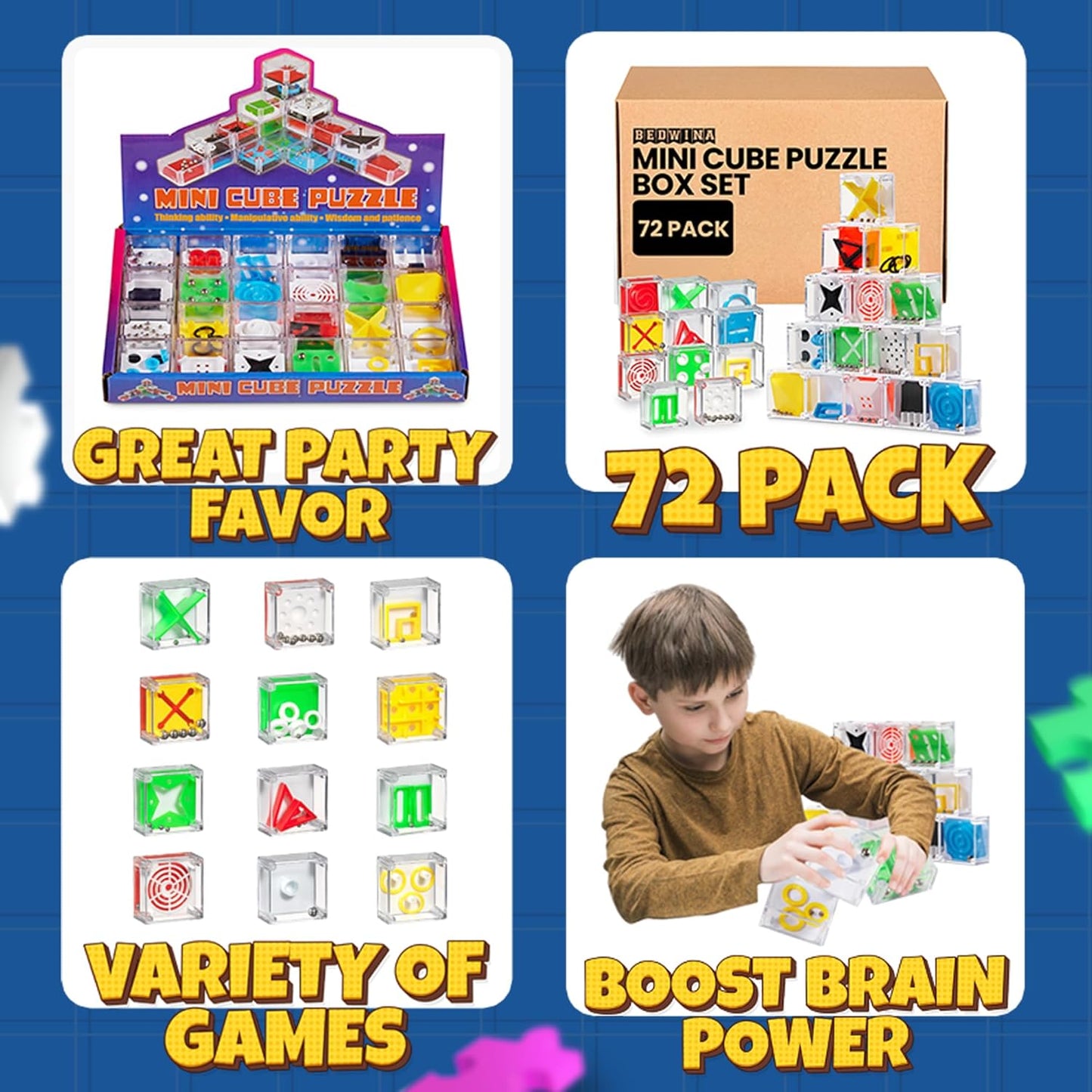 Bedwina Mini Cube Puzzle Box Set, 72-Pack Balance IQ Party Favor Games for Kids, Teens, Adults, 1.5 Inch Mini Games for Kids 3D Brain Teaser Maze Ball Puzzles Toy Stocking Stuffers Bulk