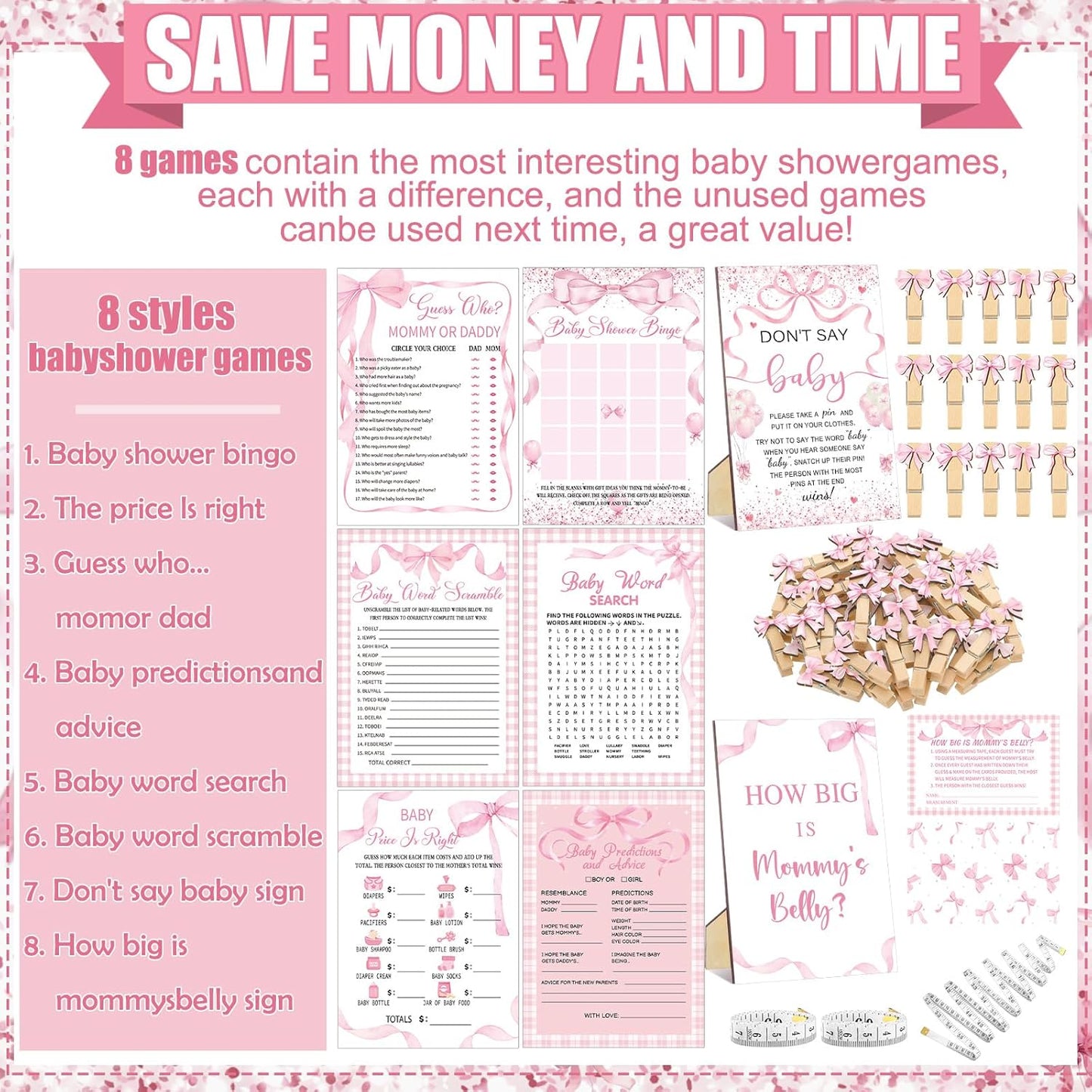 426 Pcs Pink Bow Baby Shower Games Set-8 Games, Includes Baby Shower Bingo, Price is Right, Guess Who, Word Scramble, Prediction and Advice, How Big is Mommy's Belly, Don't Say The Words