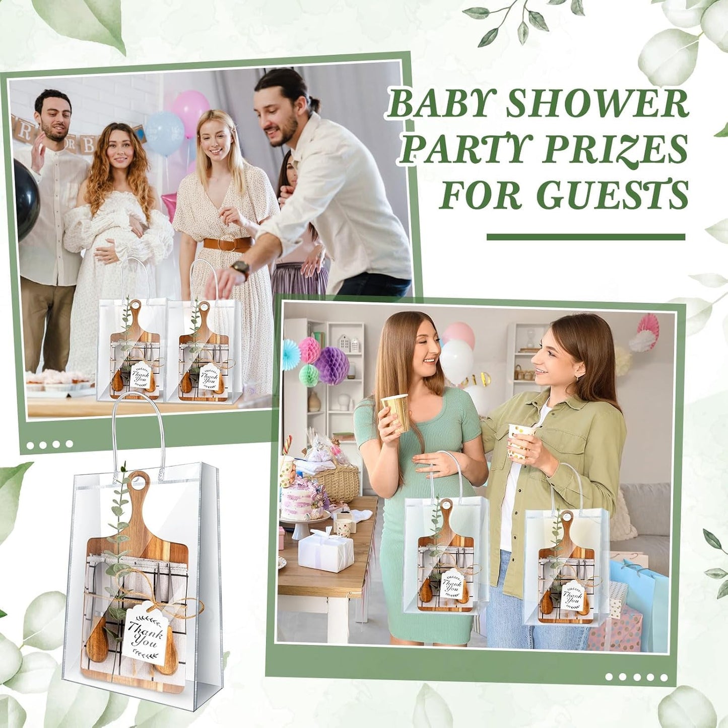 43 Pcs Baby Shower Prizes for Game Player 6 Sets Baby Shower Game Prizes Wedding Bridal Favors for Winners with Acacia Cheese Board Oak Knife and Fork Placements Artificial Eucalyptus Stems Tags Bags