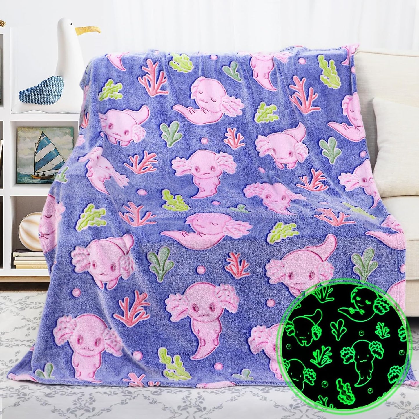 Glow in The Dark Blanket Axolotl Gifts Toys for Girls Cute Axolotl Blanket for Birthday Gifts