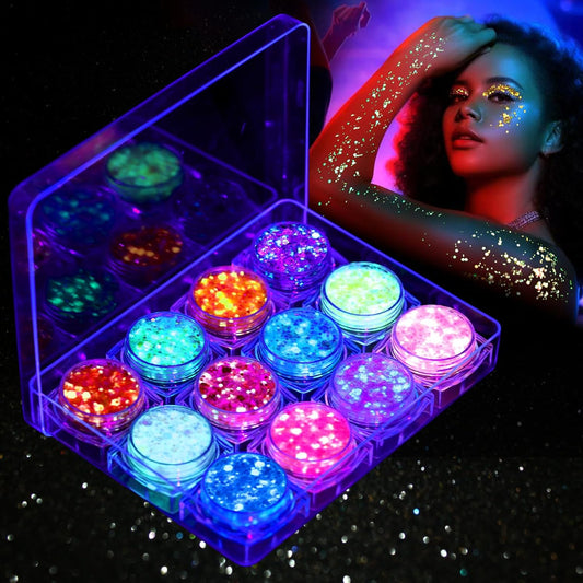 Teenitor Glow in The Dark Glitter, 12 Colors Body Glitter Face Glitter Hair Glitter Gel for UV Black Light Halloween Makeup Festivals Raves