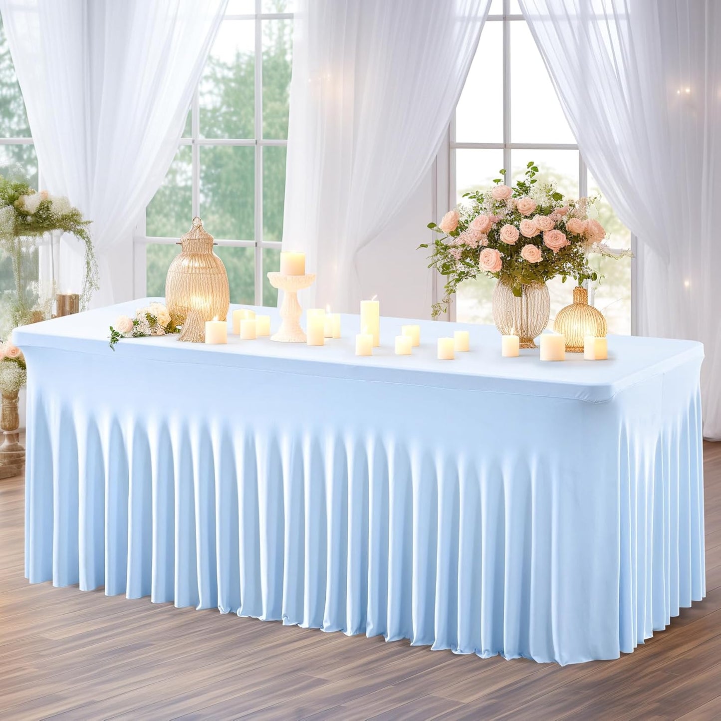 PARTISKY Blue Spandex Tablecloth for 4ft Rectangle Tables, Stretchable Table Cover Skirt for Folding Tables Weddings Parties Banquets Events Trade Shows and Dessert Table