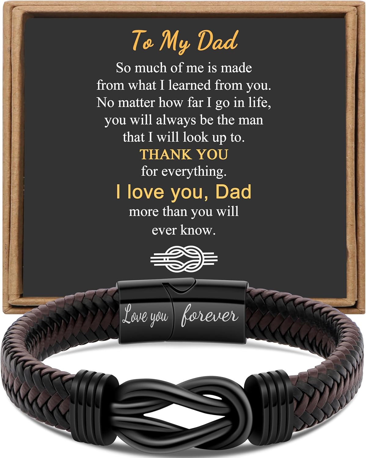 Gift for Men Infinity Bracelet for Men Dad Husband Boyfriend Son Grandson Brother Nephew Uncle Brown Braided Leather Forever Linked Together Stainless Steel Engraved with Love You Forever Jewelry 7.5|8.5|9 Inches