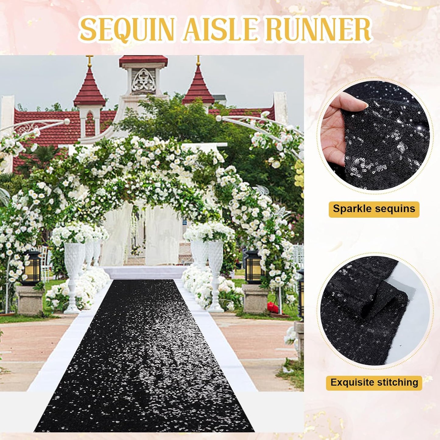 PartyDelight Black Carpet Runner for Party 2.6FTx15FT Sequin Wedding Aisle Runner Sparkly Rug for Prom Ceremony Indoor Outdoor Engagement Decoration