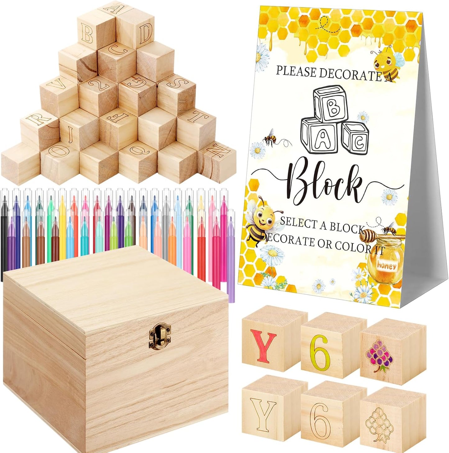 Marsui 136 Pcs Baby Shower Blocks to Decorate Game Kit Includes 98 Wooden Blocks, 36 Markers, 1 Game Sign, 1 Storage Box for Baby Shower Gender Reveal Activity Party Decorations(Bee)