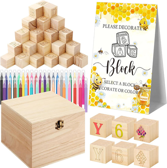 Marsui 136 Pcs Baby Shower Blocks to Decorate Game Kit Includes 98 Wooden Blocks, 36 Markers, 1 Game Sign, 1 Storage Box for Baby Shower Gender Reveal Activity Party Decorations(Bee)