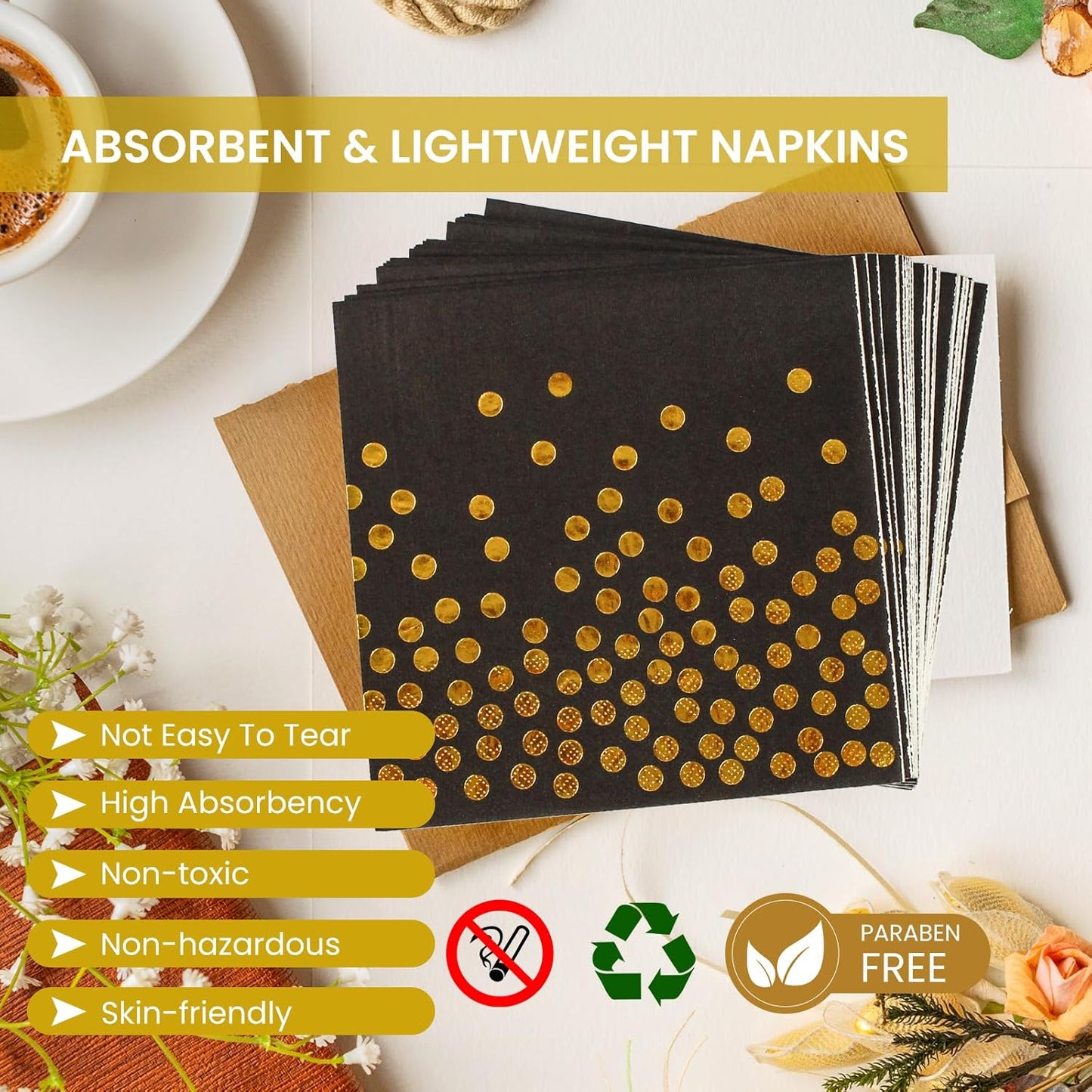 75PCS Paper Plates and Napkins Set - Black and Gold Dot Disposable Party Dinnerware Includes Paper Plates, Napkins, Forks Decorations for 2025 Graduations, Birthdays and Weddings, Serves 25