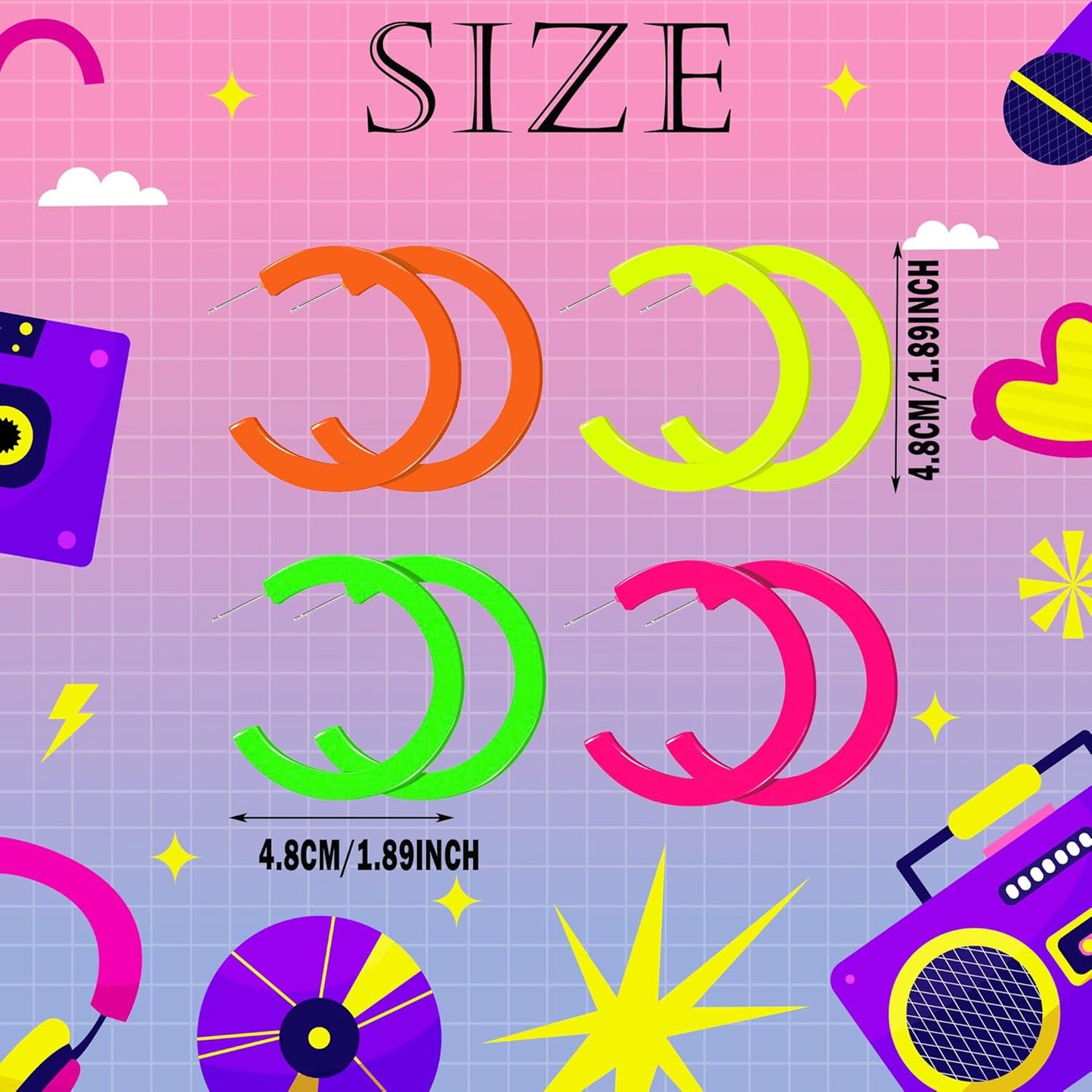 80s 90s Neon Earrings for Women Retro Cassette Tape Hoop Earring Candy Color Lightweight Acrylic Stud Dangle Earrings for 80S Costume Outfits Dancing Glow Party Accessories