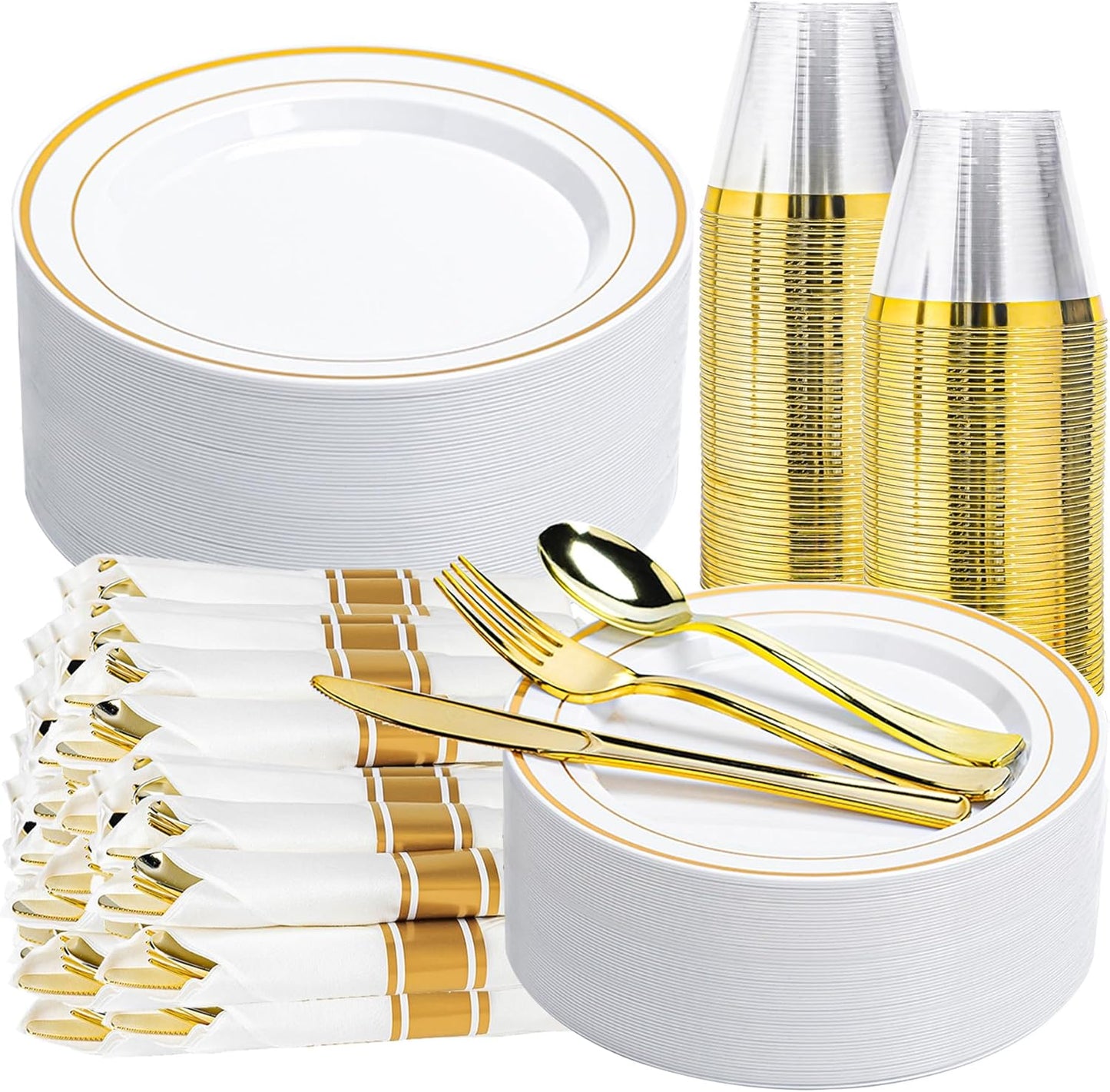 350PCS Gold Plastic Plates Dinnerware Set, Thanksgiving Disposable Plates, 50 Dinner and 50 Dessert Plates, 50 Pre Rolled Napkins with Silverware and 50 Cups for Party and Wedding