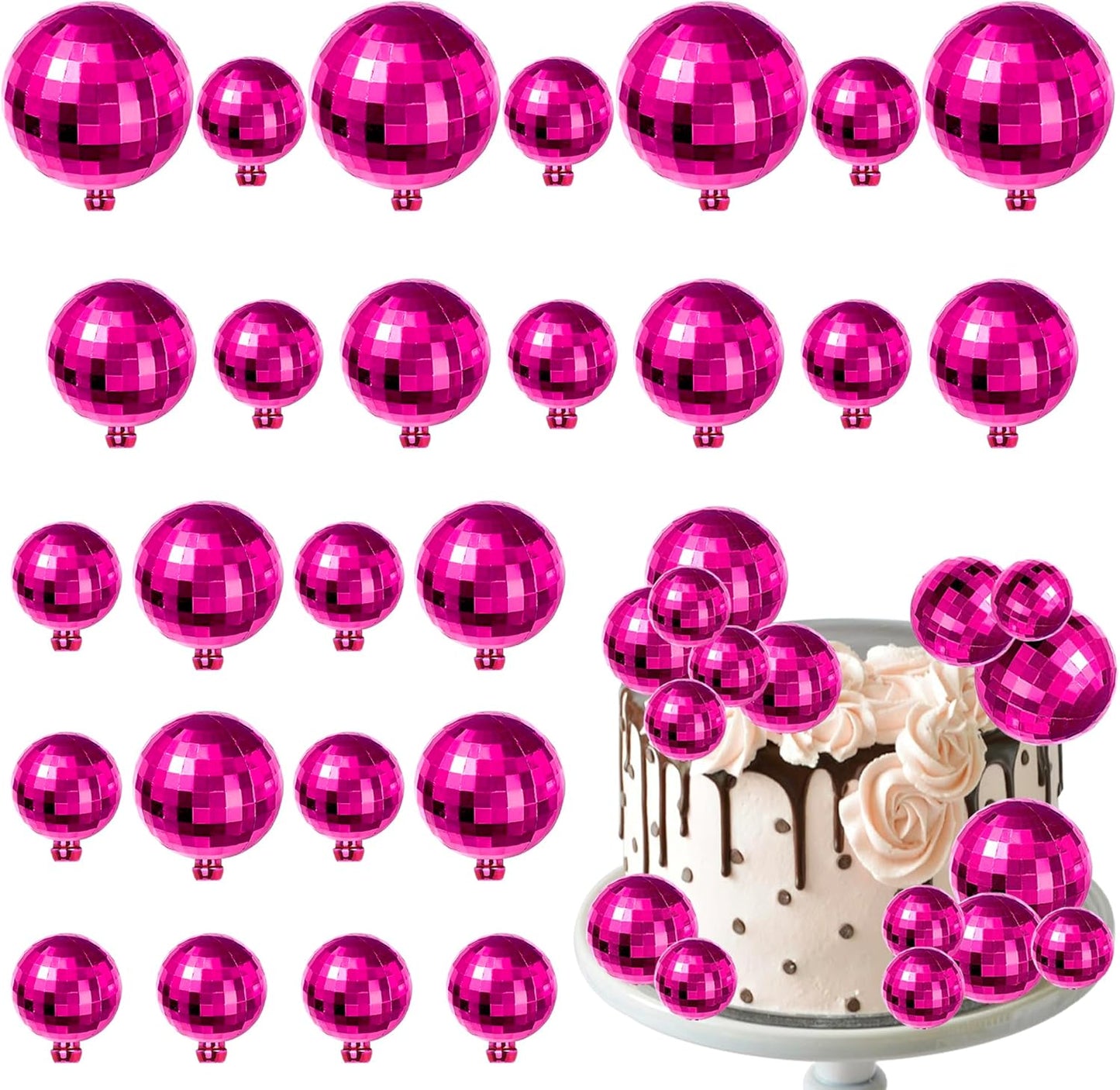 24 PCS Disco Ball Cupcake Toppers Christmas Disco Balls Cake Decorations Glitter Foam Ball DIY Balloons Cake Topper Decoration for Disco Theme Baby Shower Birthday Christmas Party Supplies Rose Red
