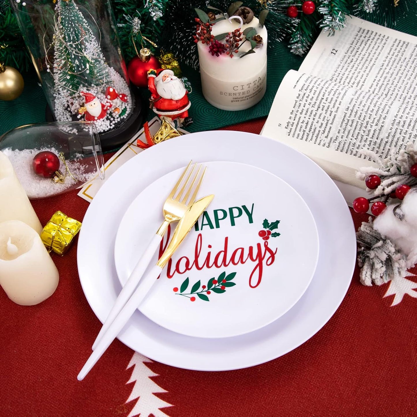 Supernal 150pcs Christmas Plastic Dinnerware with Holiday Plastic Plates,White and Gold Disposable Silverware, Christmas Plates with "Happy Holiday"