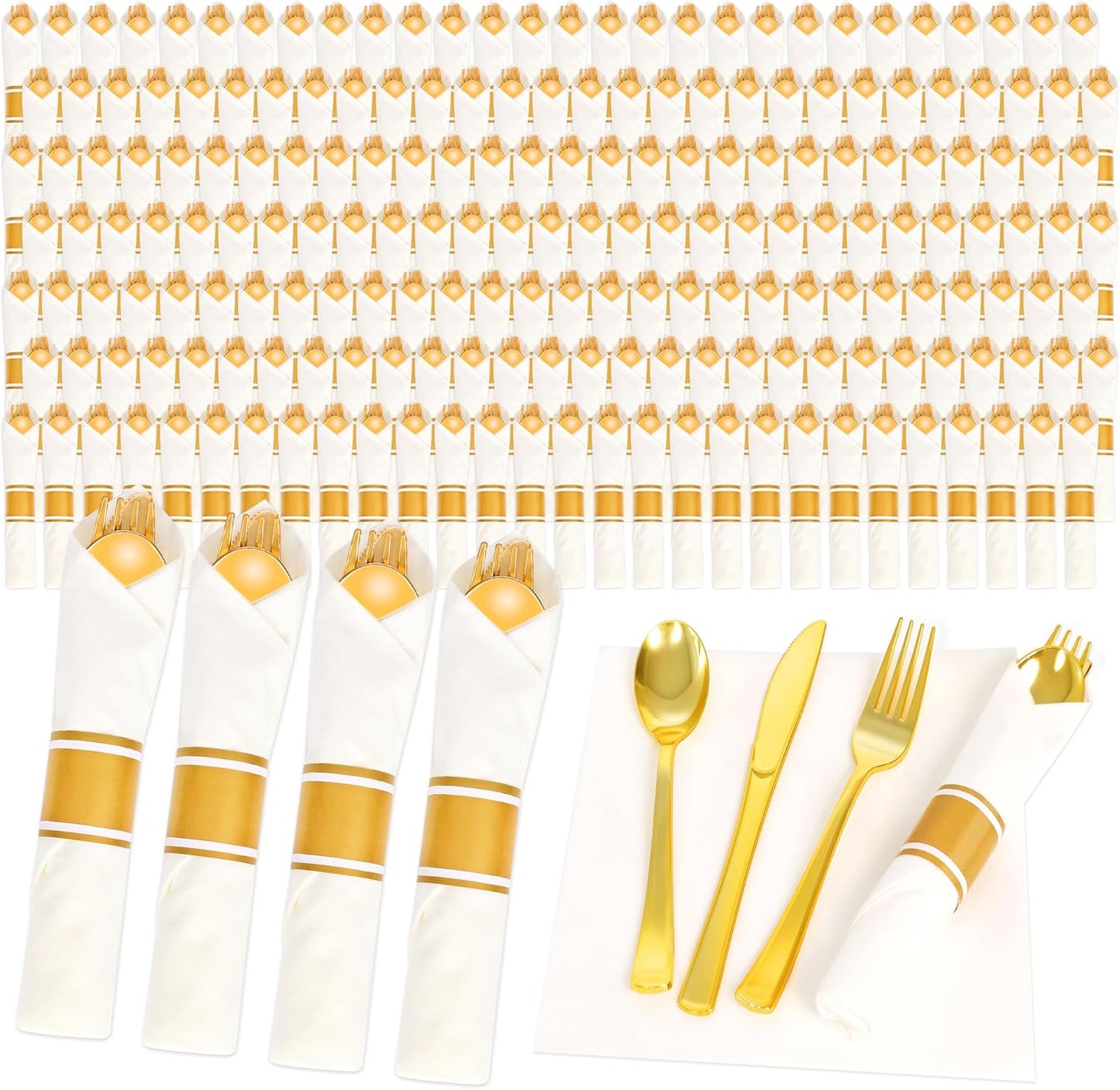 200 Pack Pre Rolled Gold Plastic Silverware Set,Wrapped Plastic Cutlery Set with Napkin Include 200 Forks,200 Spoons,200 Knives and 200 White Napkins for Party,Wedding