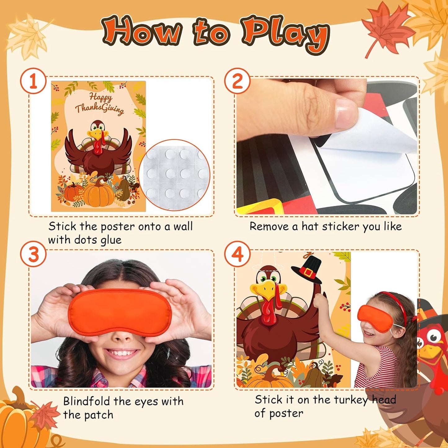 Upgraded, Fall Festival Games for Kids, Pin The Hat on The Turkey, Funny Thanksgiving Games, Classic Design, with Premium Poster, Reusable Stickers, Eye Mask, Ideal Friendsgiving Party Decorations
