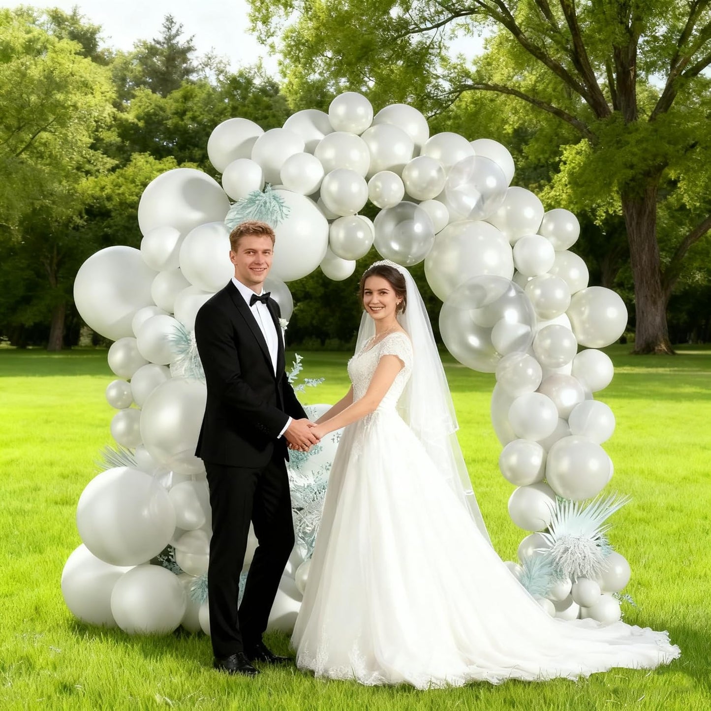 168Pcs Pearl White Balloon Garland Arch Kit, Double Stuffed White Balloons with Pearl Stickers for Birthday Wedding Baby Shower Bridal Shower Engagement Party Decorations