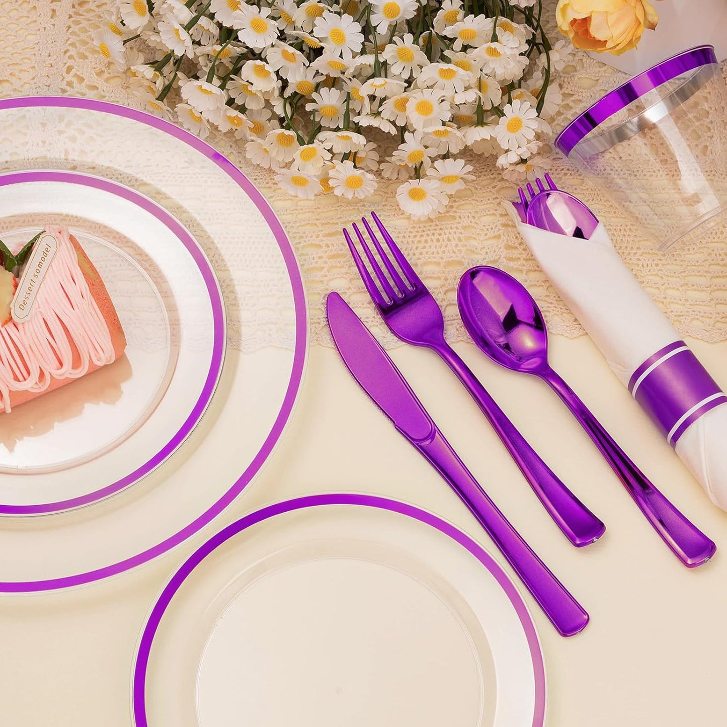 350PCS Clear and Purple Disposable Plates Set for 50 Guests, 100 Plastic Plates, 50 Plastic Cups, 50 Pre-Rolled Napkins with Cutlery for Party, Birthday, Wedding, Thanksgiving, Christmas