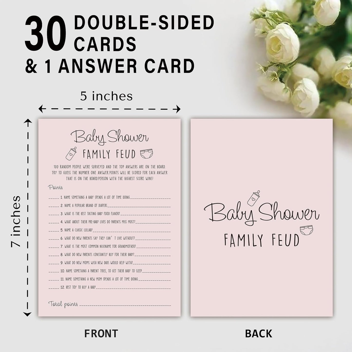 Baby Shower Family Feud Game - Pack of 30 Game Cards 1 Answer Key, Baby Shower Game for Boy & Girl, Gender Neutral Baby Shower Decorations, Baby Feud Game Supplies-01A-Indipink