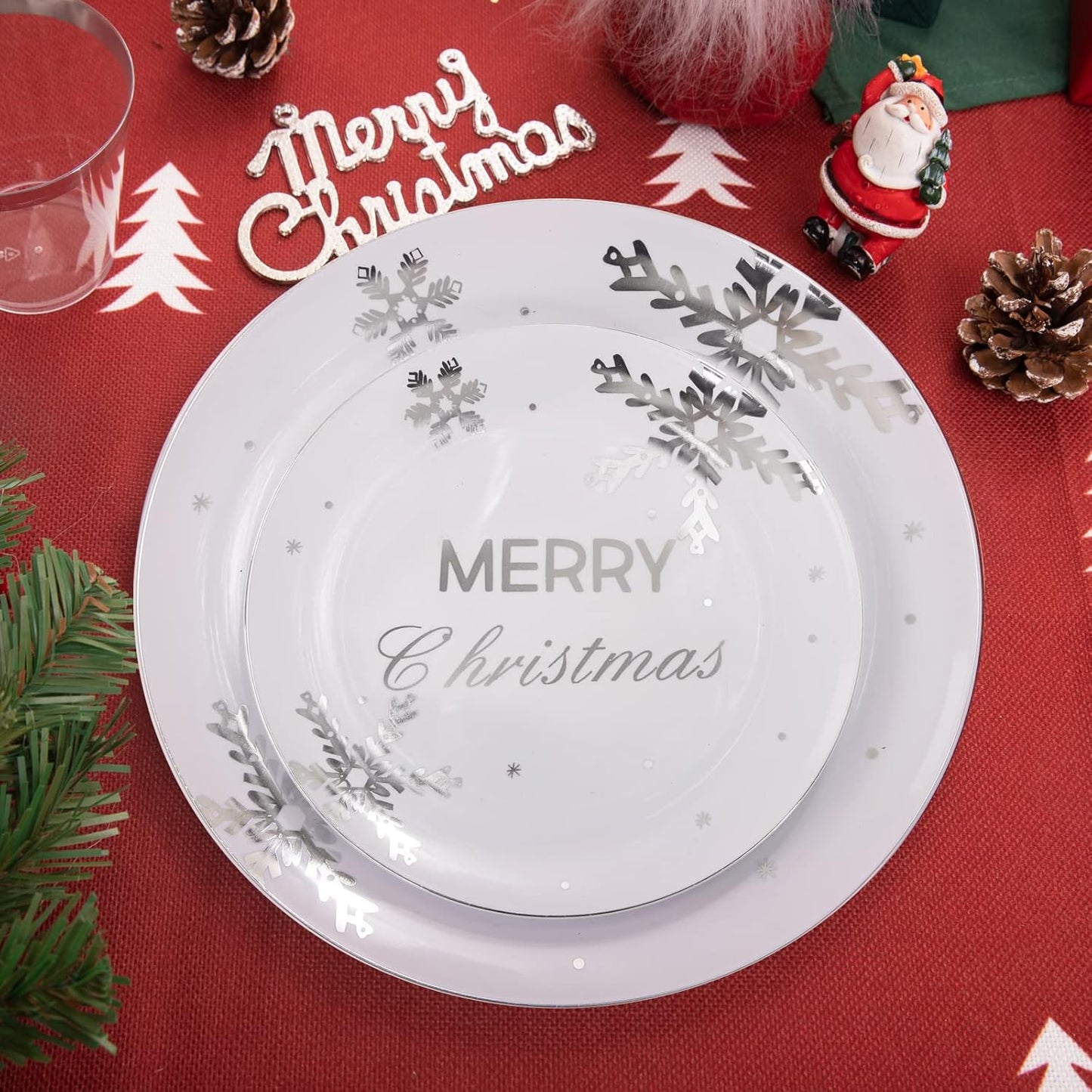 KIRE 25 Guest Christmas Plates - White Plastic with Silver Snowflake Design, Disposable Silverware & Clear Cups for Christmas Party Supplies