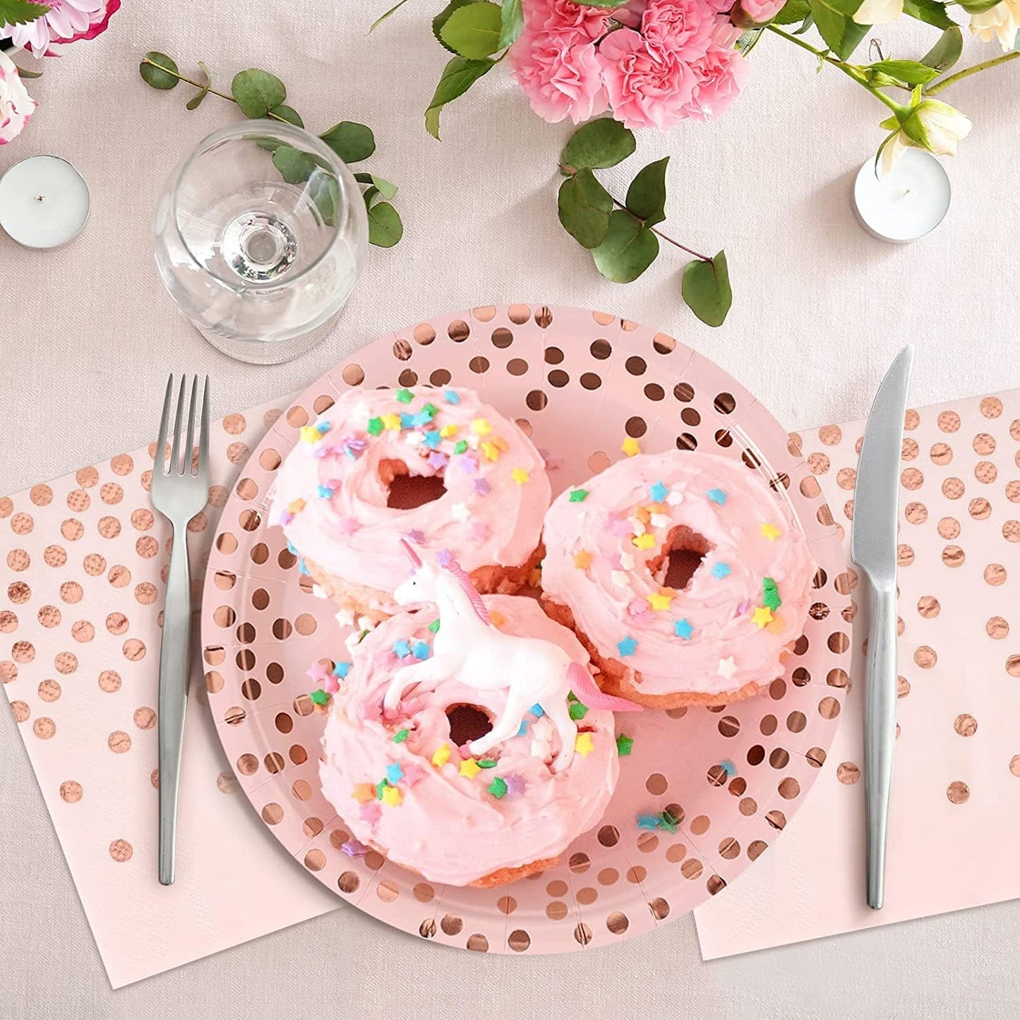 Pink and Rose Gold Paper Plates and Napkins Set-200Pcs-100 x 7" Disposable Paper Plates & 100 x 6.5" Napkins,Disposable Pink Plate and Napkin Party Supplies for Baby Showers,Birthdays