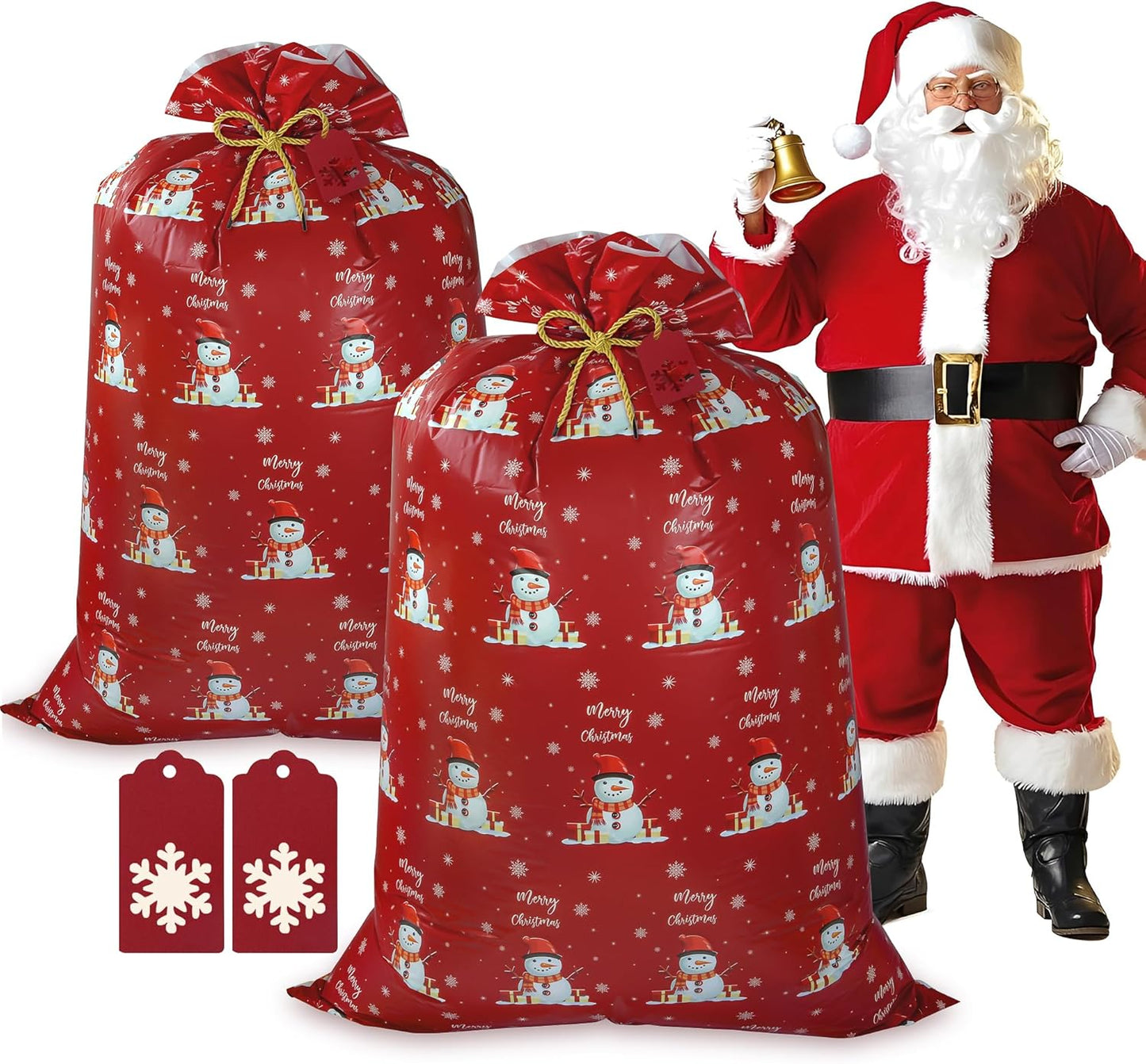 Childom 2 Pcs Large Christmas Gift Bags,Large Gift Bag 57"x 37" Jumbo Christmas Gifts Bag,Giant Plastic Gifts Bags with Tag,Rope,XL Red Snowman Sack for Huge Presents,Xmas Decor,Party Favors Wrapping