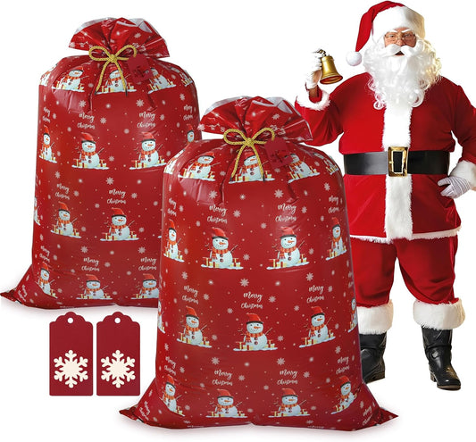 Childom 2 Pcs Large Christmas Gift Bags,Large Gift Bag 57"x 37" Jumbo Christmas Gifts Bag,Giant Plastic Gifts Bags with Tag,Rope,XL Red Snowman Sack for Huge Presents,Xmas Decor,Party Favors Wrapping