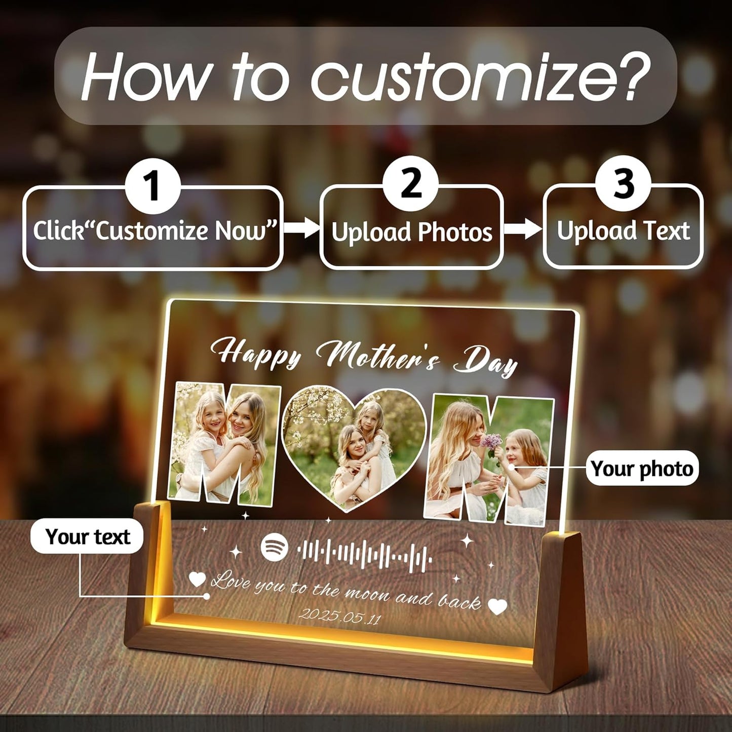 Personalized Mothers Day Birthday Gifts For Mom, Custom Spotify Plaque Mom Gift From Daughter Son Husband, Light Up Picture Frame With Photo Name Customized Christmas Gifts For Women Wife