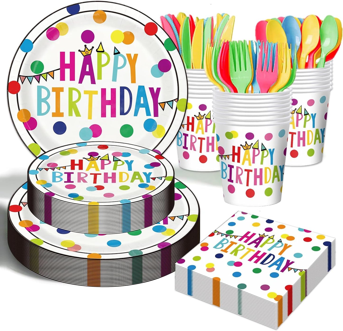 Birthday Plates & Napkins Party supplies - 175Pcs Happy Birthday Paper Plates and Napkins Sets, Disposable Happy Birthday Dots Tableware Set for Boys Girls Party Decorations, Serves 25