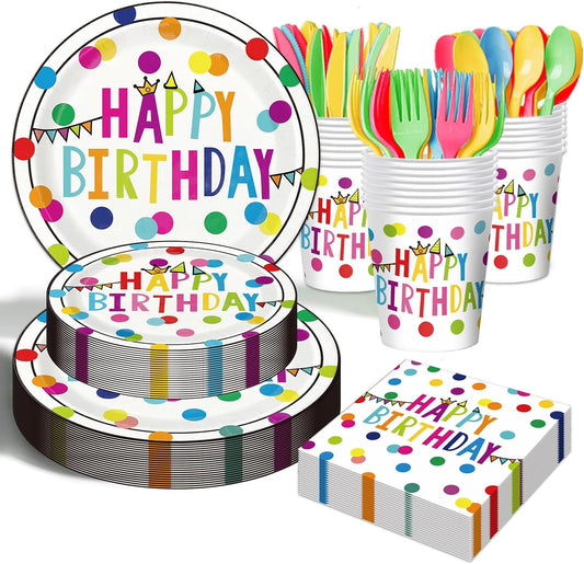 Birthday Plates & Napkins Party supplies - 175Pcs Happy Birthday Paper Plates and Napkins Sets, Disposable Happy Birthday Dots Tableware Set for Boys Girls Party Decorations, Serves 25