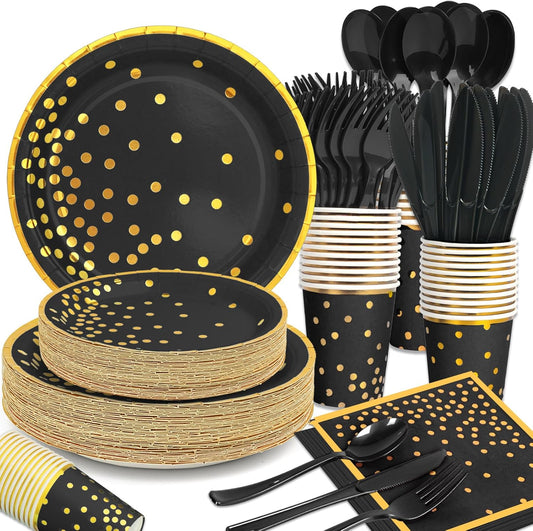 350Pcs Black and Gold Party Supplies, Severs 50 Golden Dot Black Paper Plates Party Dinnerware Include Black Plastic Forks Knives Golden Napkins Cups Spoons Knives for Retirement,Graduation, Birthday