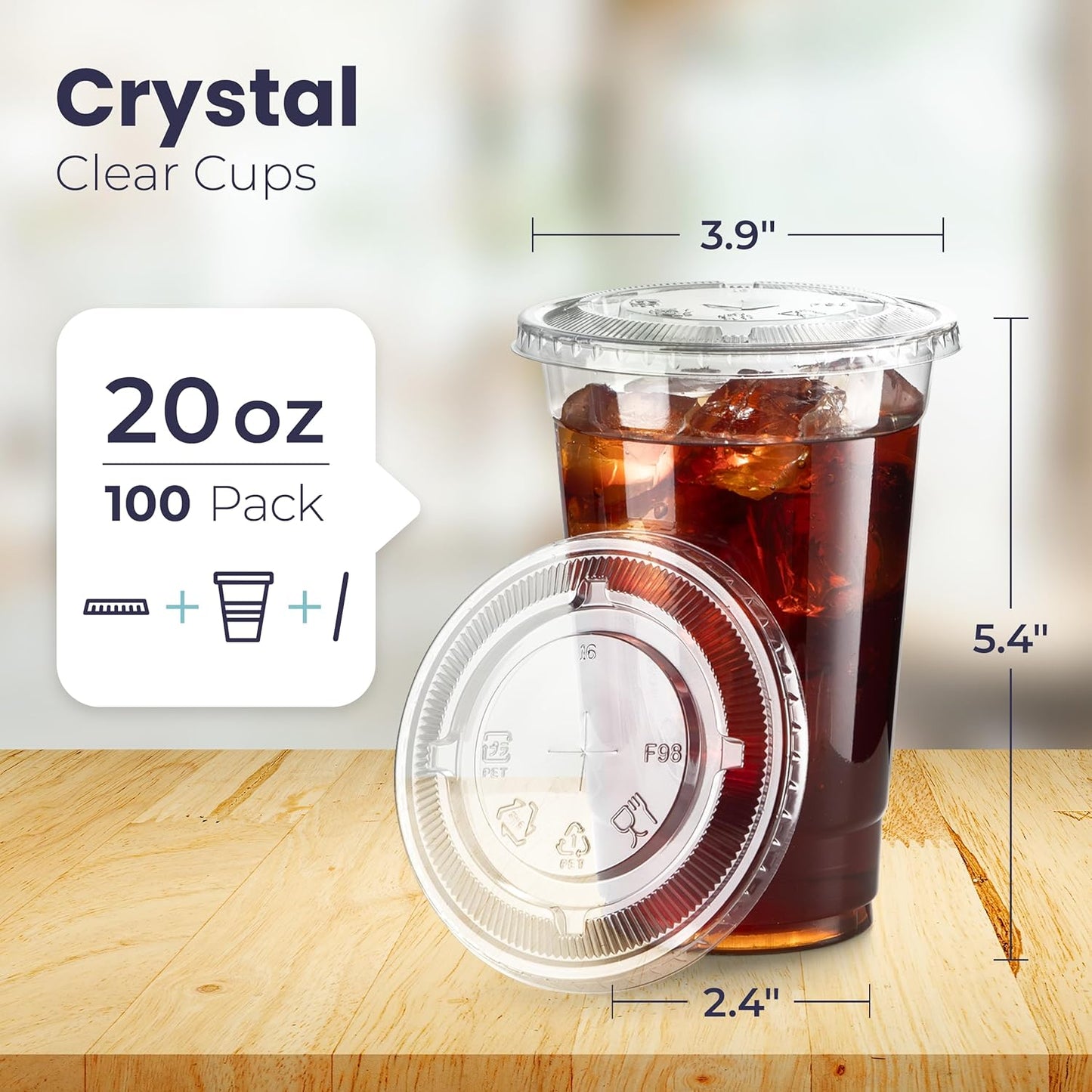 Fit Meal Prep 100 Pack 20 oz Clear Plastic Cups with Flat Lids, Disposable Iced Coffee Cups, BPA Free Premium Crystal Smoothie Cup for Party, Lemonade Stand, Cold Drinks, Juice, Milkshake
