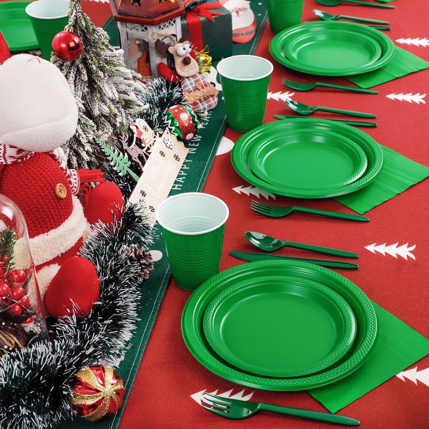 WELLIFE 210Pcs Green Plastic Plates, Christmas Plates Disposable, Christmas Party Supplies Including Green plates, 12oz Cups, Plastic Cutlery and Napkins Serve 30 Guests