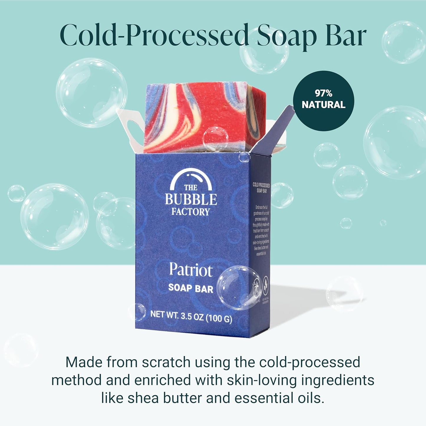 The Bubble Factory Handmade Natural Bath & Body Soap Bar, Vegan, All-Natural, Palm Oil Free, Made in USA with Shea Butter + Essential Oils, Patriot, 3 Bars