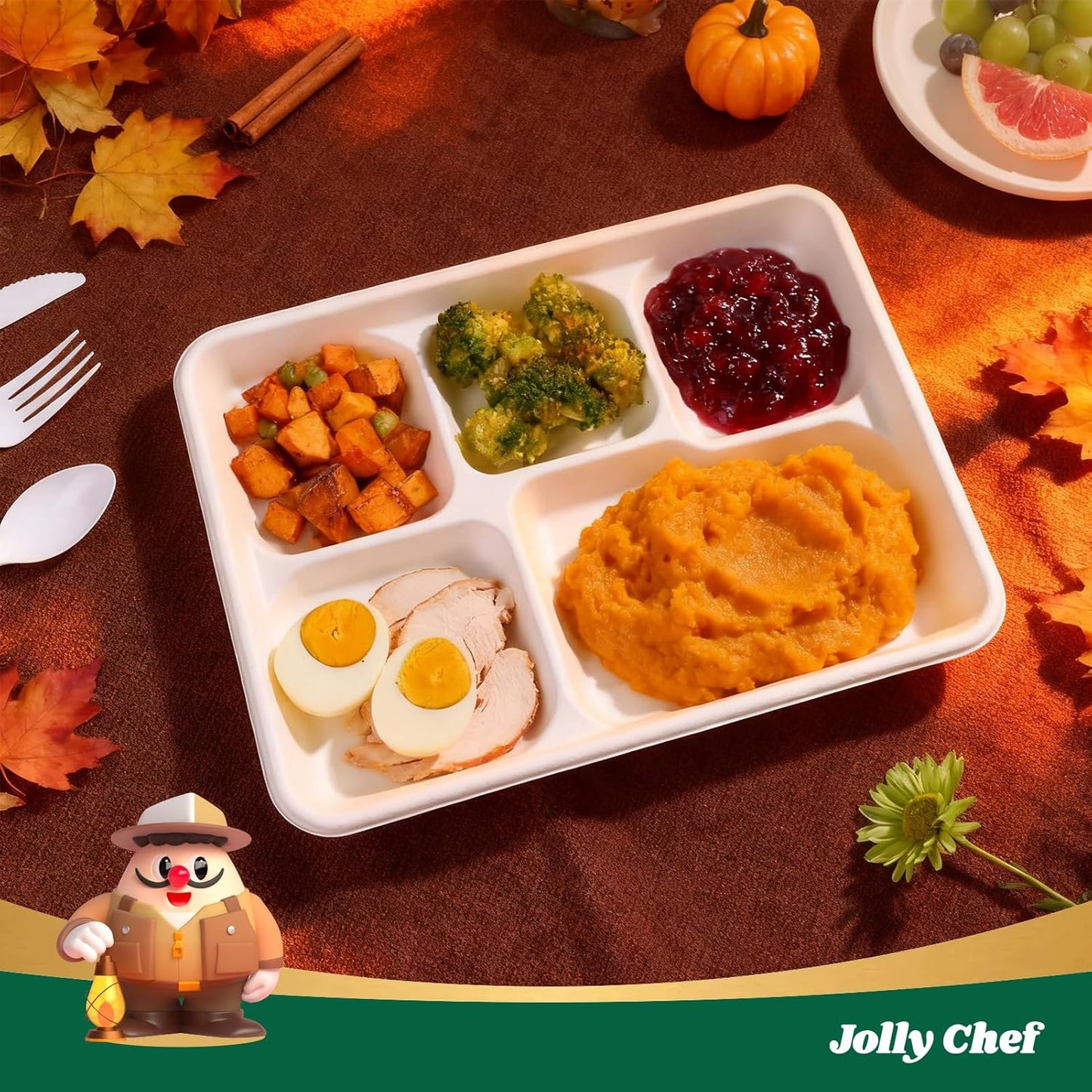 JOLLY CHEF Compostable 𝟱 Compartment Paper Plates 𝟭𝟭 * 𝟴 𝗶𝗻𝗰𝗵 [𝟱𝟬𝟬 𝗣𝗮𝗰𝗸] Heavy Duty White Divided Disposable Plate Eco-Friendly Biodegradable Food Trays for Party Lunch Thanksgiving Day