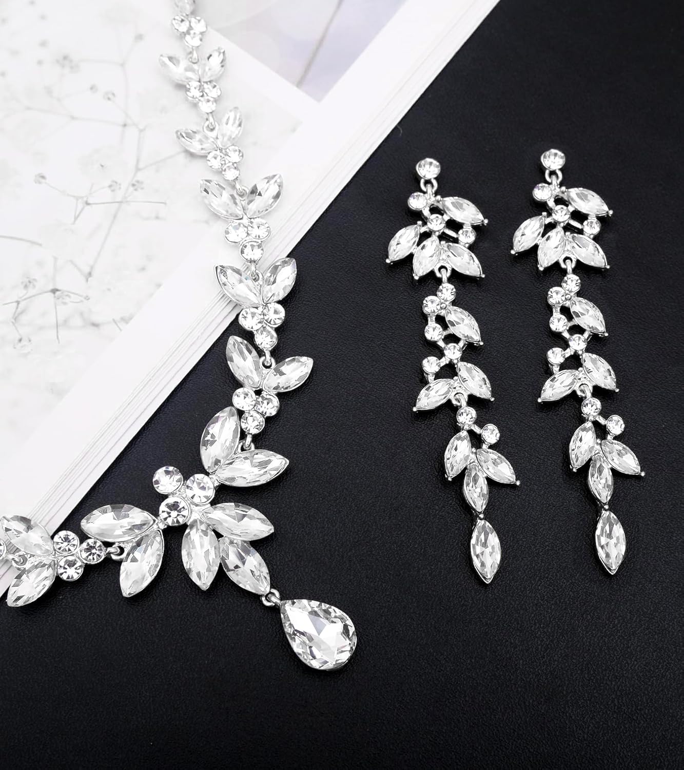 CSY 4 Pcs Elegant Bridal Jewelry Sets Austrian Marquise Crystal Wedding Necklace Dangle Earrings Tennis Bracelet Ring Set for Bride Women Costume Accessories