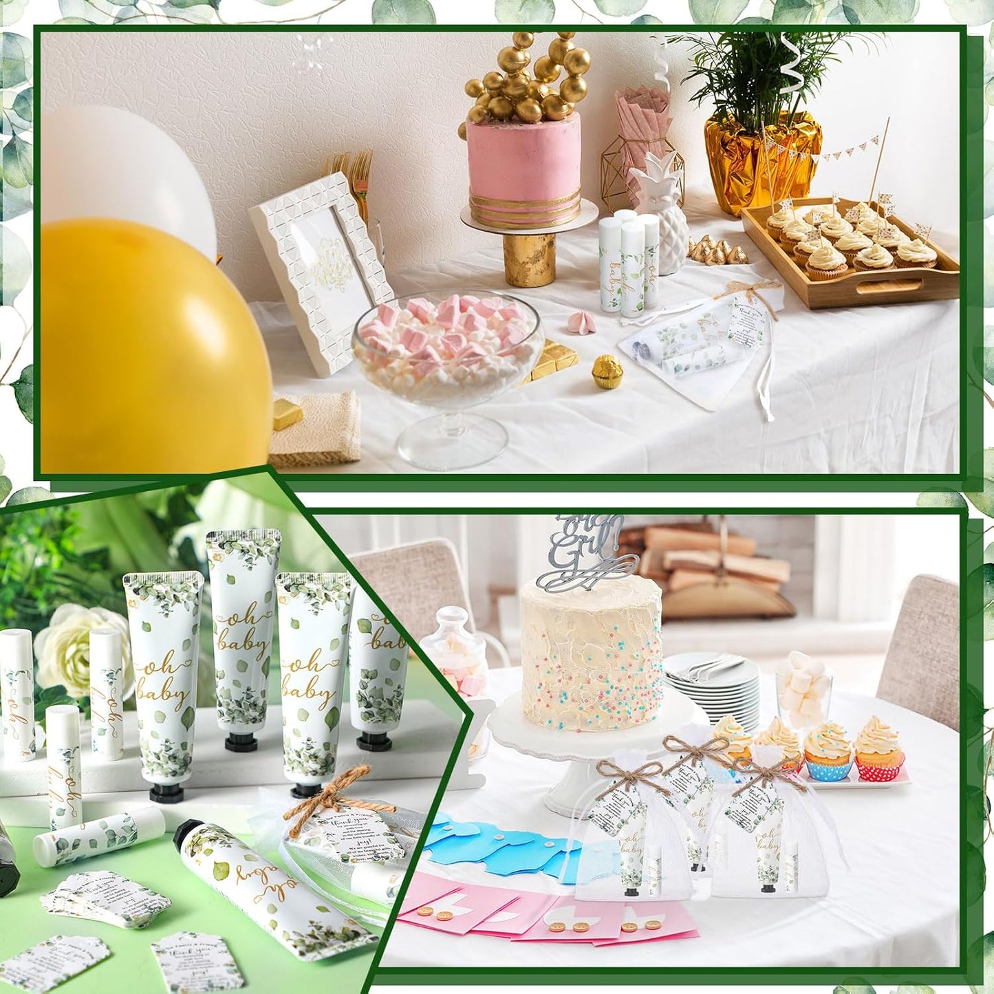 48 Sets 192 Pcs Baby Shower Gifts for Guests Sage Green Oh Baby Shower Games Prizes Greenery Eucalyptus Party Gifts Bulk 48 Hand Cream and 48 Lip Balm Bridal Wedding Party Favors Travel Size