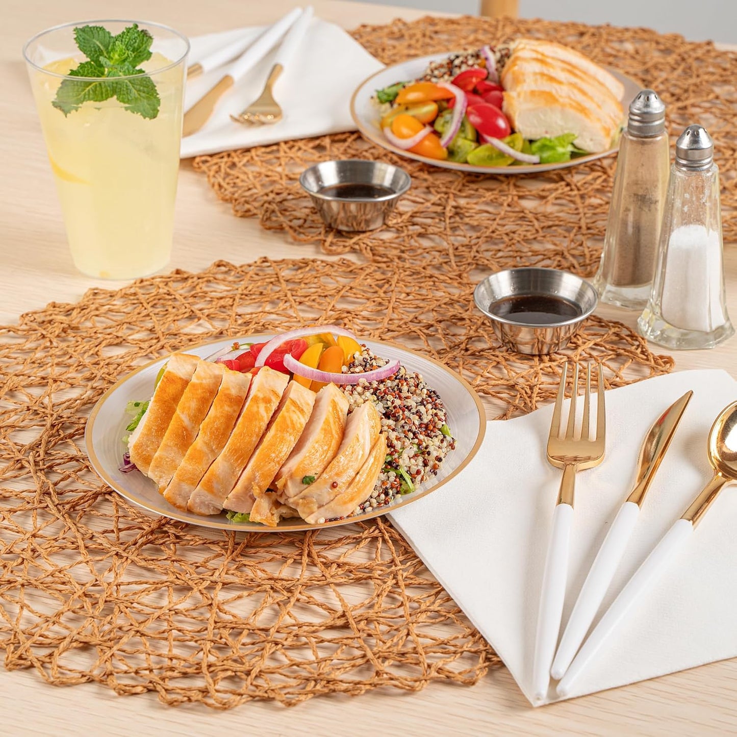 Restaurantware Plastic Plates 100 Pcs 7.25" Gold Rimmed Disposable Plates Heavy-Duty White Translucent Rippled Plastic Dinner Servers for Party, Weddings, Salads, Desserts, and Appetizers