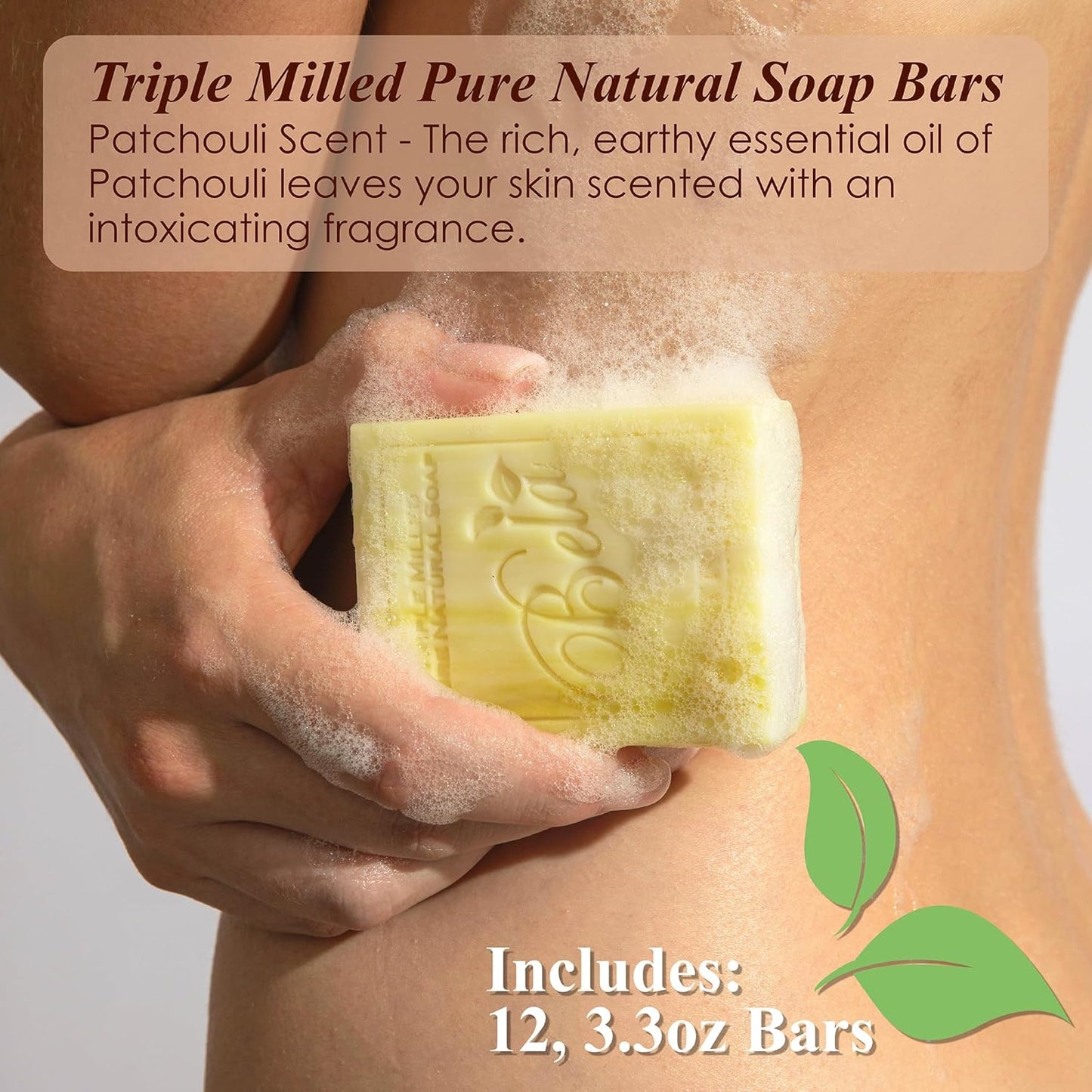 BELA Patchouli Soap 3.3 OZ Pack of 12, French Triple Milled Bar Soap with Organic Shea Butter, Hand, Face and Body Was Bar Made in Australia