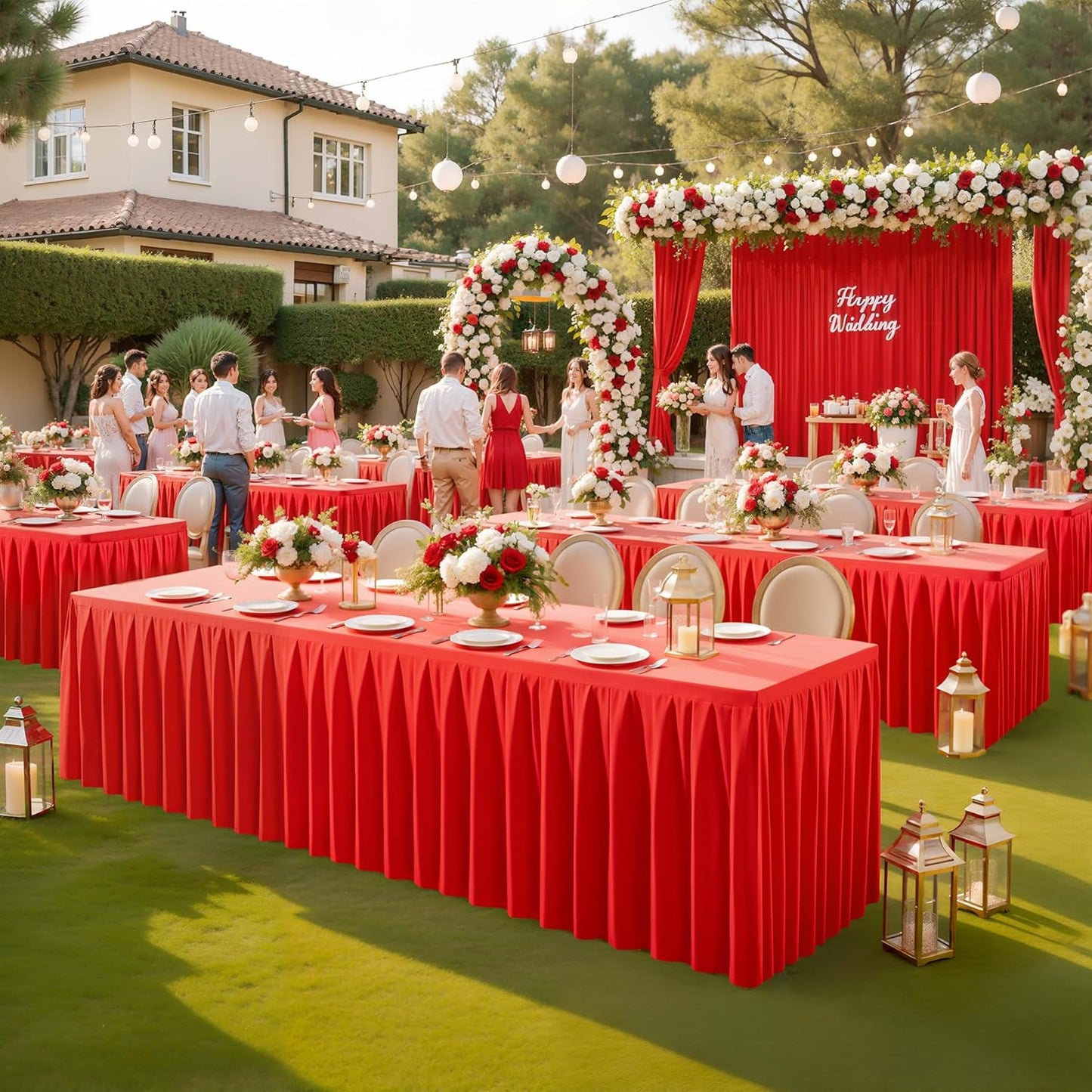 6 Pack Red Rectangle Tablecloth 8 FT Stretch Spandex Fitted Table Cloth for 8 Foot Rectangle Tables Banquet Tablecloths Wrinkle Free Table Cover Skirt Ruffle Tablecloth for Party Wedding Birthday