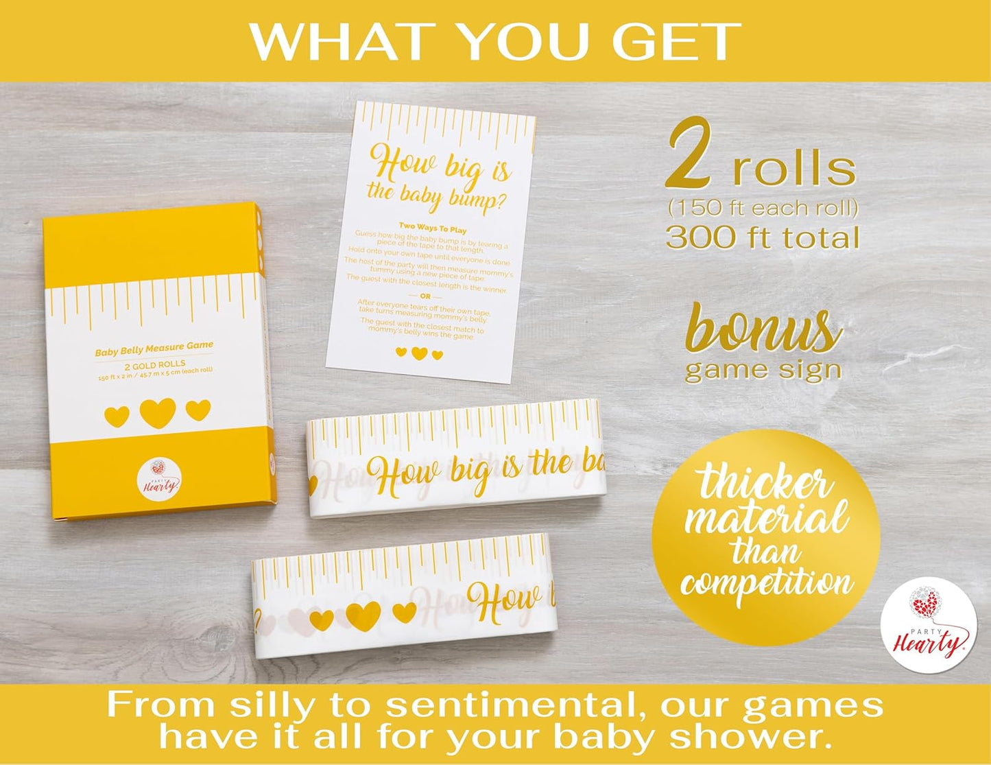 Party Hearty Funny Baby Shower Games for Girl and Boy Activities, 2 Rolls, 2 inch x 150 feet, Gold Tummy Measure, Fun & Easy Idea