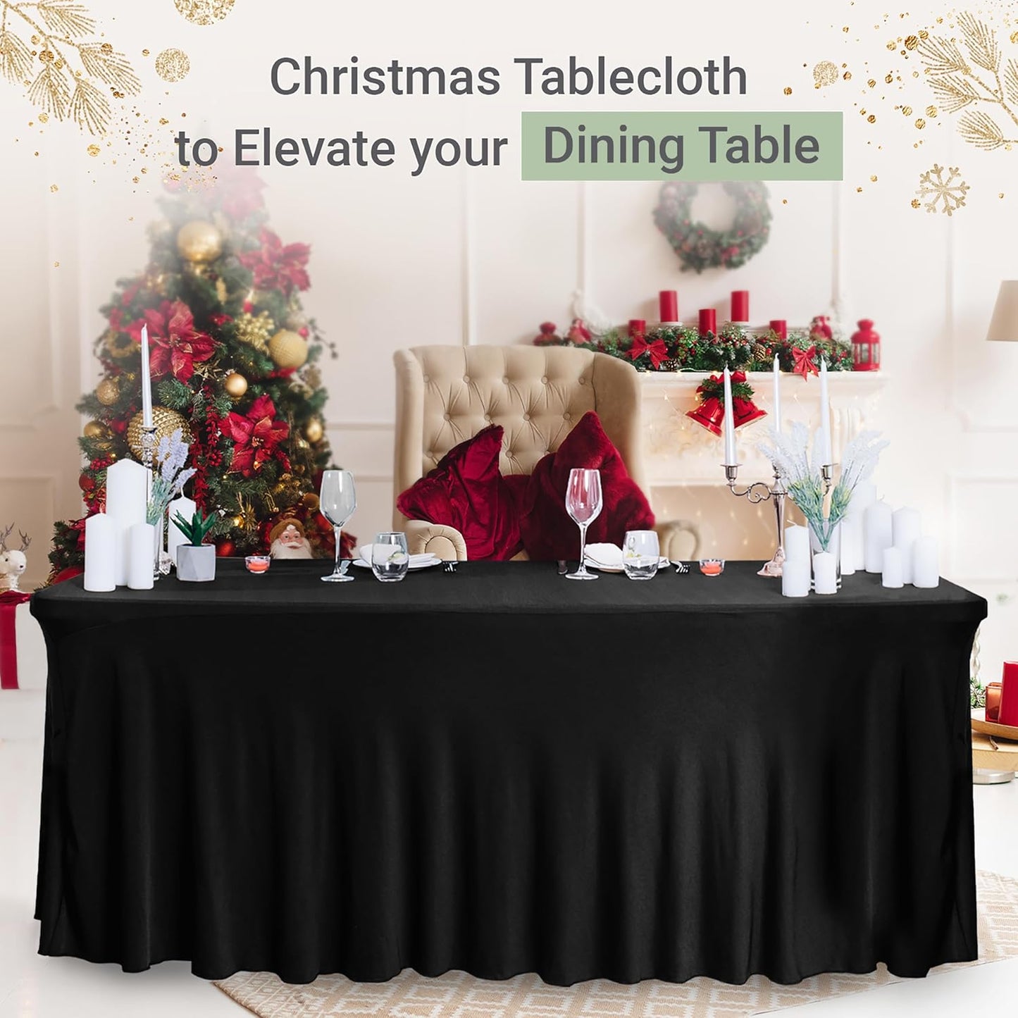 Table Skirt for Rectangular Tables 8ft - Spandex TableCovers for Standard 8 Foot Table - One Piece Fitted Elastic Tablecloth - Wrinkle Resistant Ruffles Design for Weddings, Party, Events (Black)