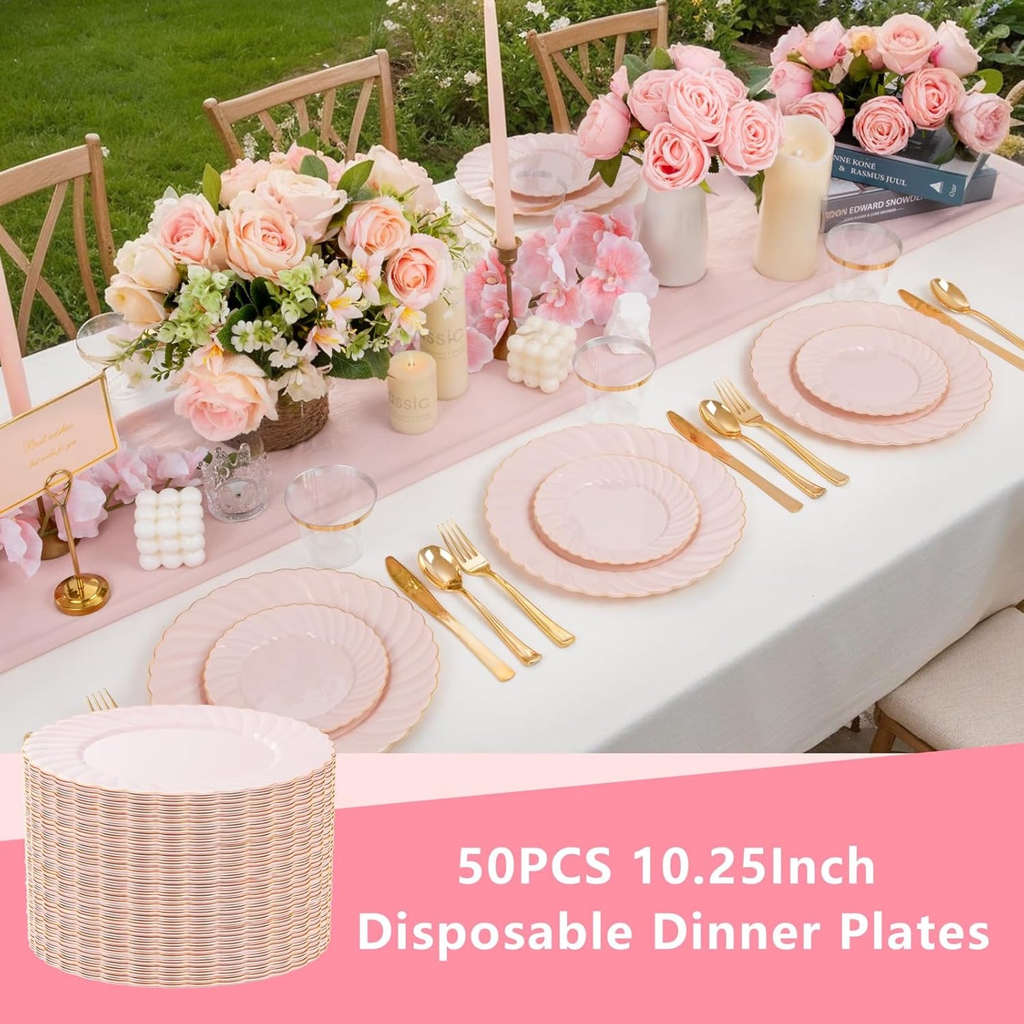 YOUBET 50 Pack Pink Scalloped Plastic Plates - 10.25 Inch Pink Disposable Plates - High End Elegant Vintage Dinner Plate for Party & Weeding & Birthday