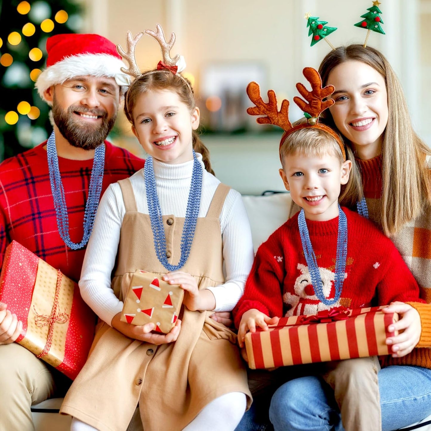 48 Pack Mardi Gras Beads Necklaces, 33 Inch Plastic Beads for Party Favors, Festival Decorations, Parade Throws, Christmas, St. Patrick's Day Celebrations